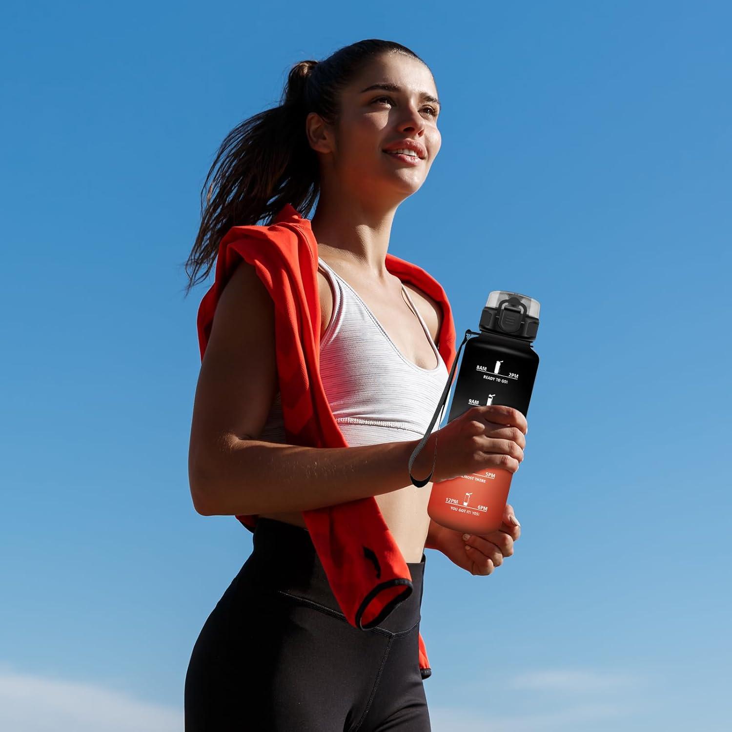 image:imageBouteille deau Sport 1L Gourde Marqueur de Temps Gourde Motivation avec Filtre Bouteille deau AntiFuite Reutilisable pour Randonne Cyclisme Bureau Extrieur Camping Voyage Fitness50oz1500ml Noir Rouge