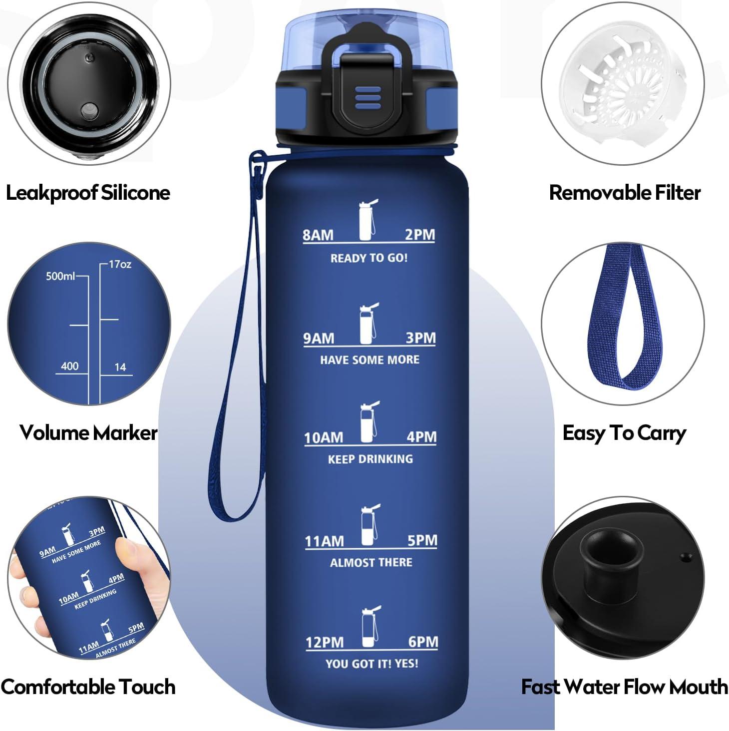 image:imageBouteille deau Sport 1L Gourde Marqueur de Temps Gourde Motivation avec Filtre Bouteille deau AntiFuite Reutilisable pour Randonne Cyclisme Bureau Extrieur Camping Voyage Fitness17oz500ml Mat Marine Bleu