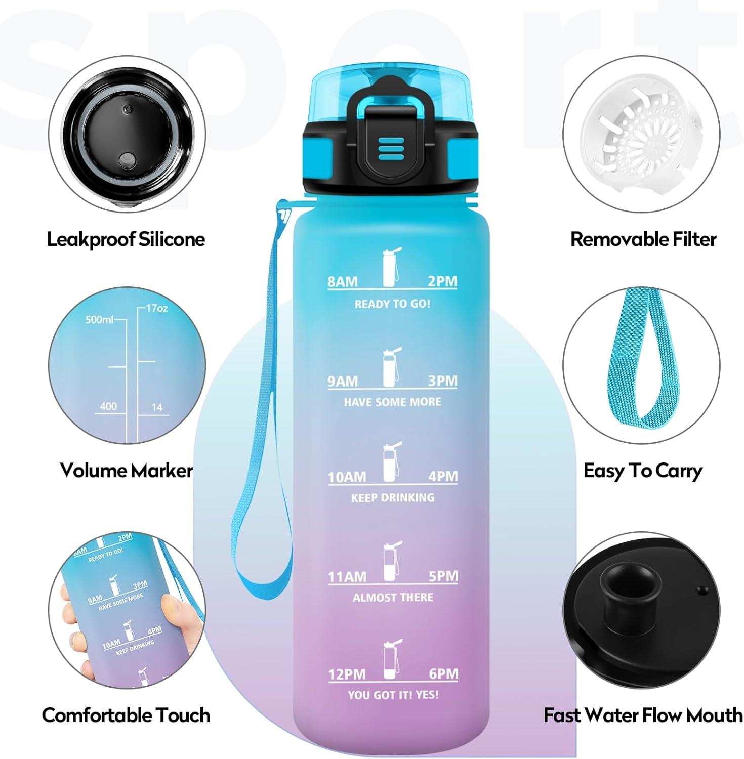 image:imageBouteille deau Sport 1L Gourde Marqueur de Temps Gourde Motivation avec Filtre Bouteille deau AntiFuite Reutilisable pour Randonne Cyclisme Bureau Extrieur Camping Voyage Fitness17oz500ml Bleu Lilas