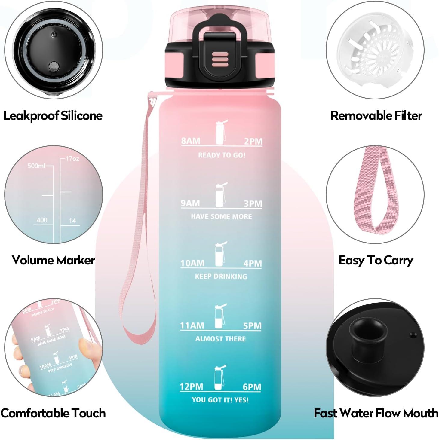 image:imageBouteille deau Sport 1L Gourde Marqueur de Temps Gourde Motivation avec Filtre Bouteille deau AntiFuite Reutilisable pour Randonne Cyclisme Bureau Extrieur Camping Voyage Fitness17oz500ml Rose Cyan