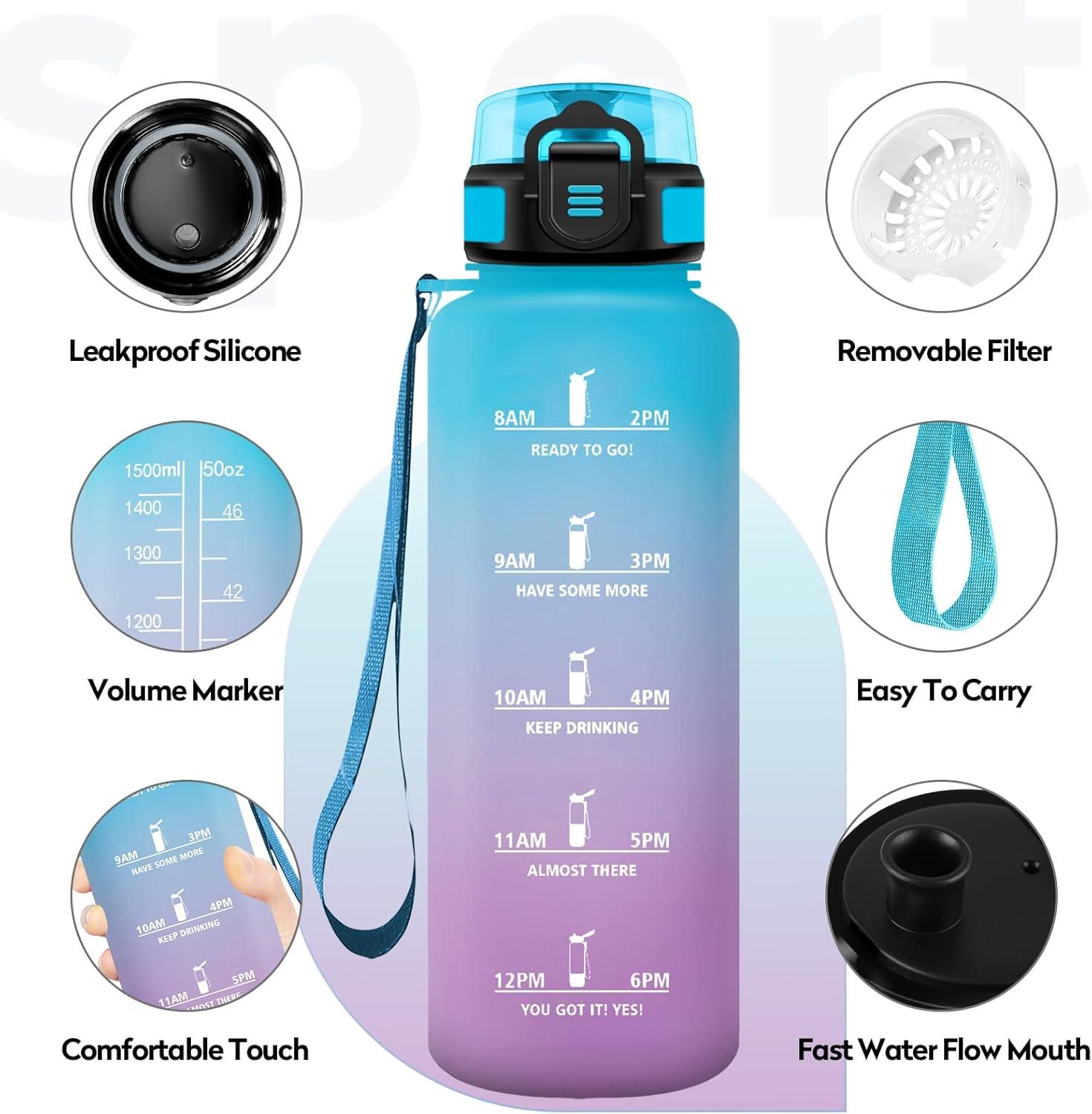 image:imageBouteille deau Sport 1L Gourde Marqueur de Temps Gourde Motivation avec Filtre Bouteille deau AntiFuite Reutilisable pour Randonne Cyclisme Bureau Extrieur Camping Voyage Fitness50oz1500ml Bleu Lilas