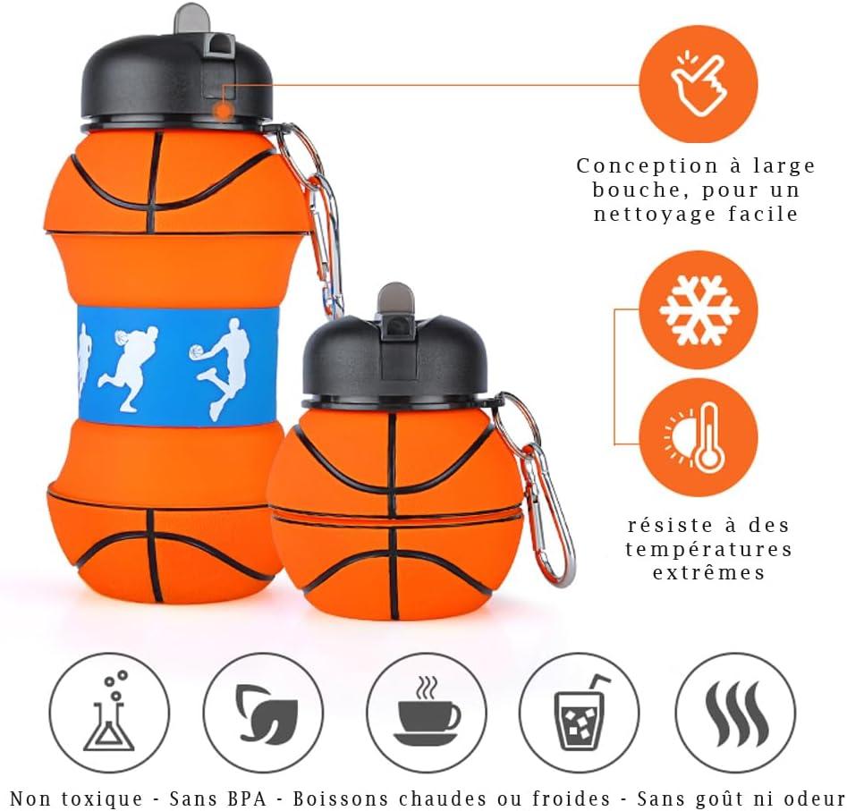 image:imageBouteille deau pliable pour garons et filles sans BPA Gourde de camping pour enfants Personnalisable avec votre sport Ballon deau compact pour cadeau original footballBasketBall