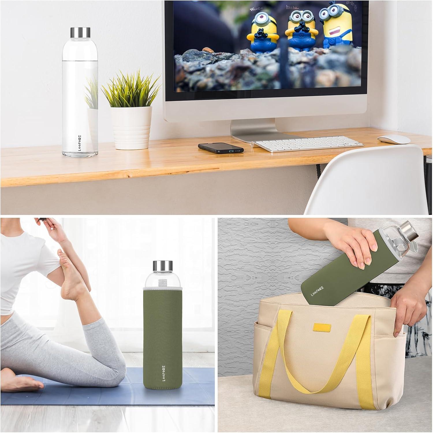 image:imageBouteille en Verre 1 litre 1000ml Sans BPA antifuite Gourde Reutilisable en Borosilicate Bouteille deau en Verre pour Bureau Sport Camping Enfants et les AdultesVert Olive