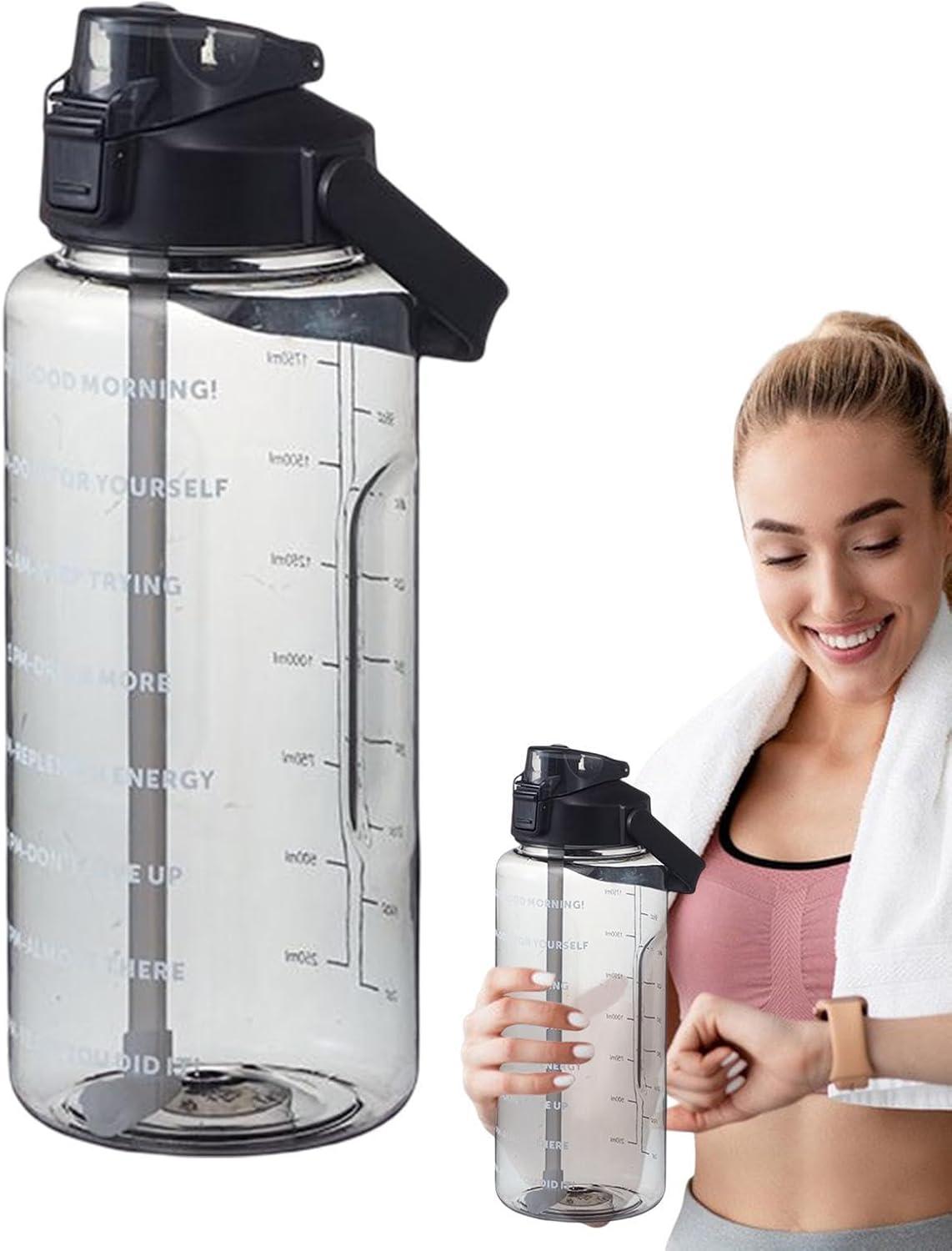 image:imageGourde 2l Motivation Bouteille tanche Boissons Bouteille Gourde Sport Bouteille Deau Sans BPA Avec Paille Et Marqueur De Temps Pour Sports Salle De Sport Cyclisme Bureau CampingNoir