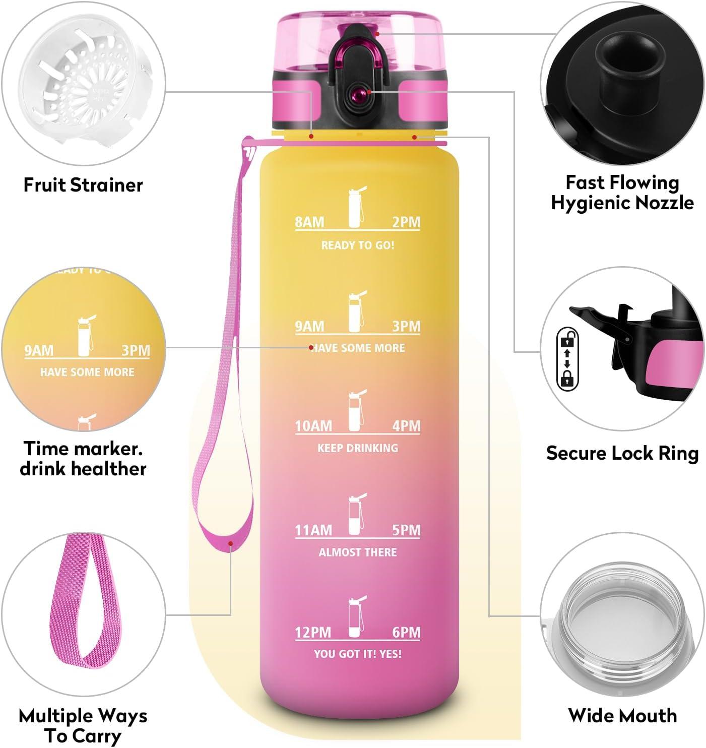 image:imageGourde Sport 1L tanche et Rutilisable Gourde Bouteille deau 1 Litre avec Marqueur de Temps et Filtre Bouteille pour Adulte lcole Cyclisme Voyage Camping Fitness Yoga Bureau Gym32oz1000ml Jaune Rose