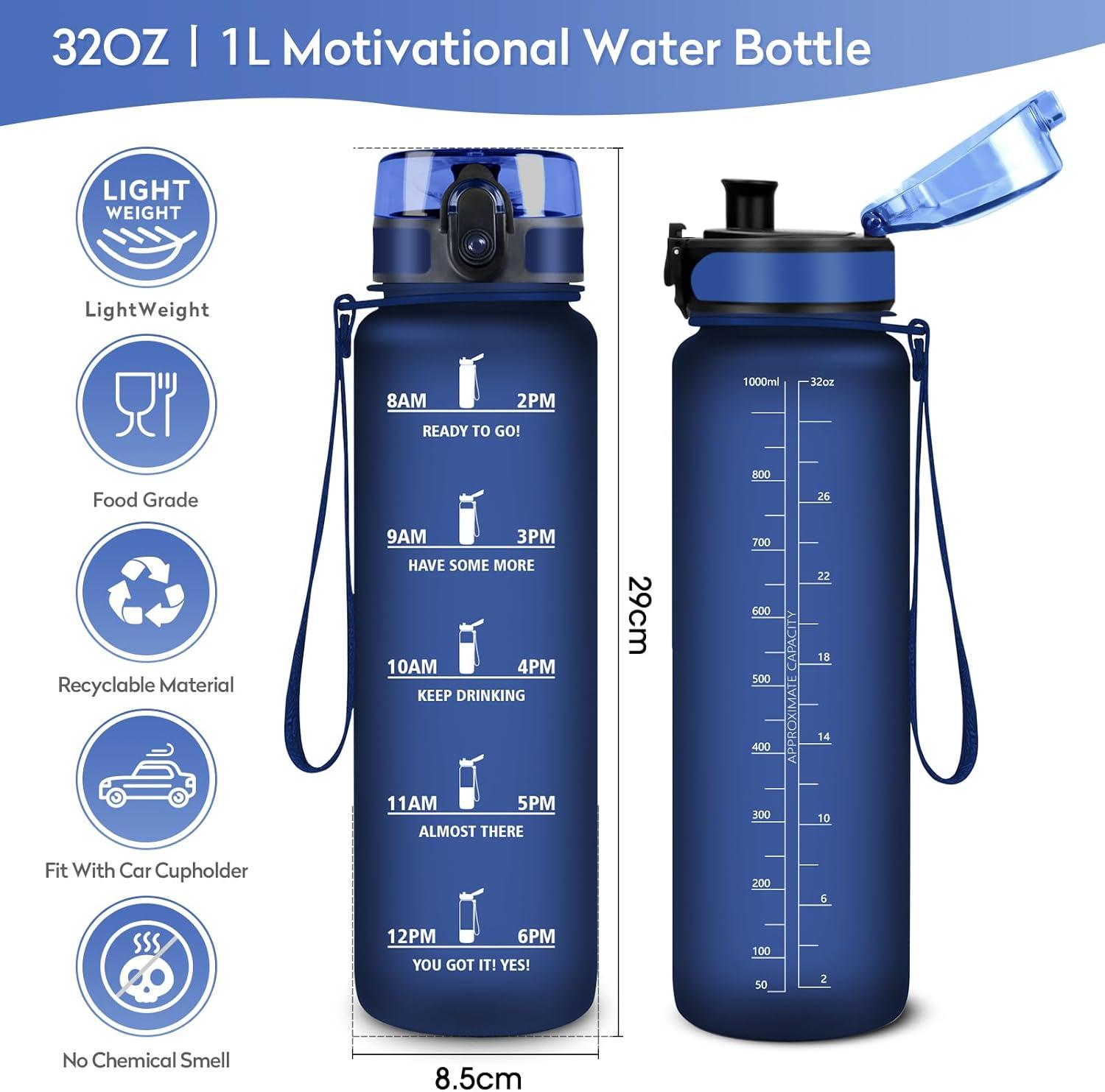 image:imageGourde Sport 1L tanche et Rutilisable Gourde Bouteille deau 1 Litre avec Marqueur de Temps et Filtre Bouteille pour Adulte lcole Cyclisme Voyage Camping Fitness Yoga Bureau Gym32oz1000ml Mat Marine Bleu