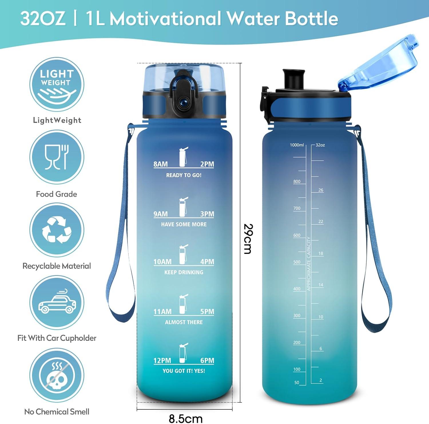 image:imageGourde Sport 1L tanche et Rutilisable Gourde Bouteille deau 1 Litre avec Marqueur de Temps et Filtre Bouteille pour Adulte lcole Cyclisme Voyage Camping Fitness Yoga Bureau Gym32oz1000ml Bleu Vert