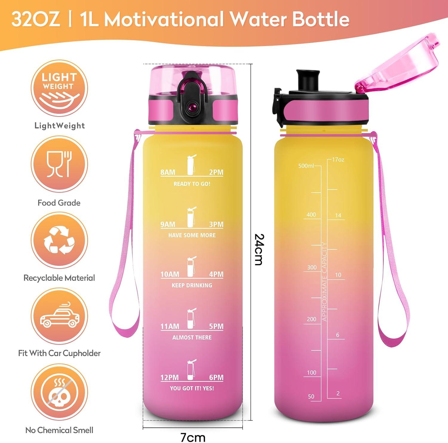 image:imageGourde Sport 1L tanche et Rutilisable Gourde Bouteille deau 1 Litre avec Marqueur de Temps et Filtre Bouteille pour Adulte lcole Cyclisme Voyage Camping Fitness Yoga Bureau Gym32oz1000ml Jaune Rose