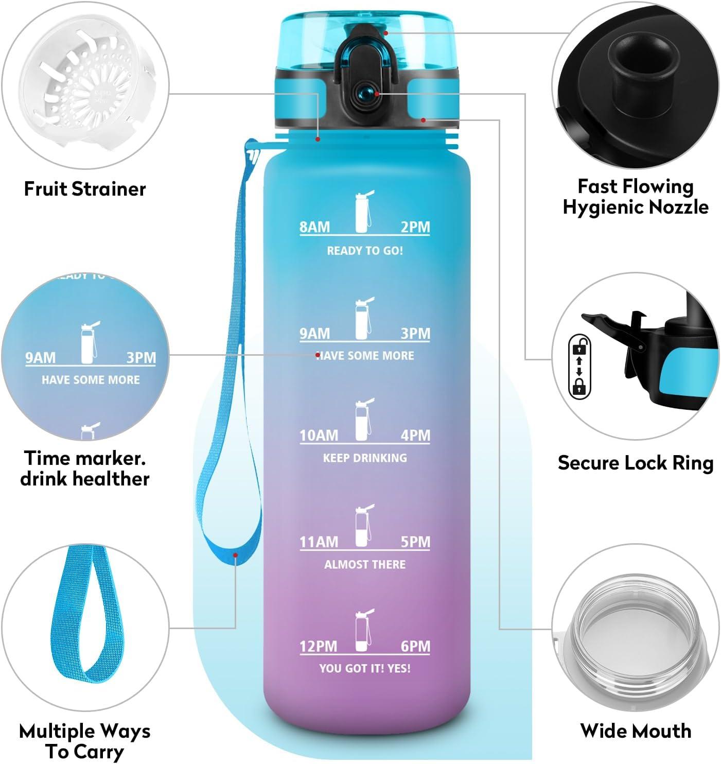 image:imageGourde Sport 1L tanche et Rutilisable Gourde Bouteille deau 1 Litre avec Marqueur de Temps et Filtre Bouteille pour Adulte lcole Cyclisme Voyage Camping Fitness Yoga Bureau Gym32oz1000ml Bleu Lilas