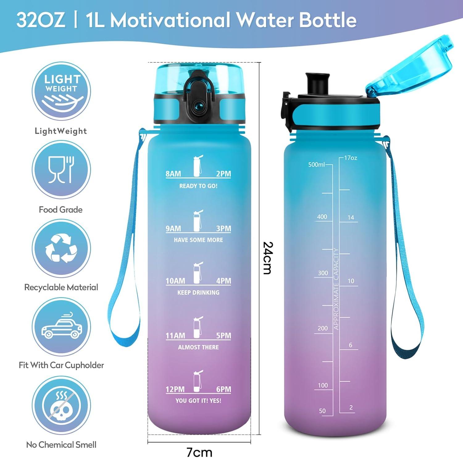image:imageGourde Sport 1L tanche et Rutilisable Gourde Bouteille deau 1 Litre avec Marqueur de Temps et Filtre Bouteille pour Adulte lcole Cyclisme Voyage Camping Fitness Yoga Bureau Gym32oz1000ml Bleu Lilas