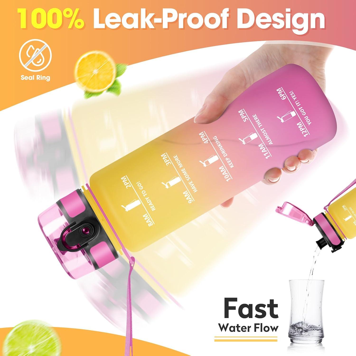 image:imageGourde Sport 1L tanche et Rutilisable Gourde Bouteille deau 1 Litre avec Marqueur de Temps et Filtre Bouteille pour Adulte lcole Cyclisme Voyage Camping Fitness Yoga Bureau Gym32oz1000ml Jaune Rose