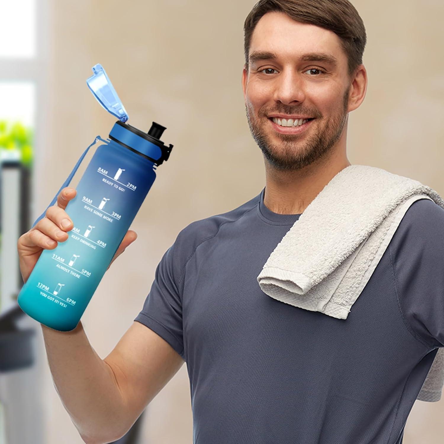 image:imageGourde Sport 1L tanche et Rutilisable Gourde Bouteille deau 1 Litre avec Marqueur de Temps et Filtre Bouteille pour Adulte lcole Cyclisme Voyage Camping Fitness Yoga Bureau Gym32oz1000ml Bleu Vert