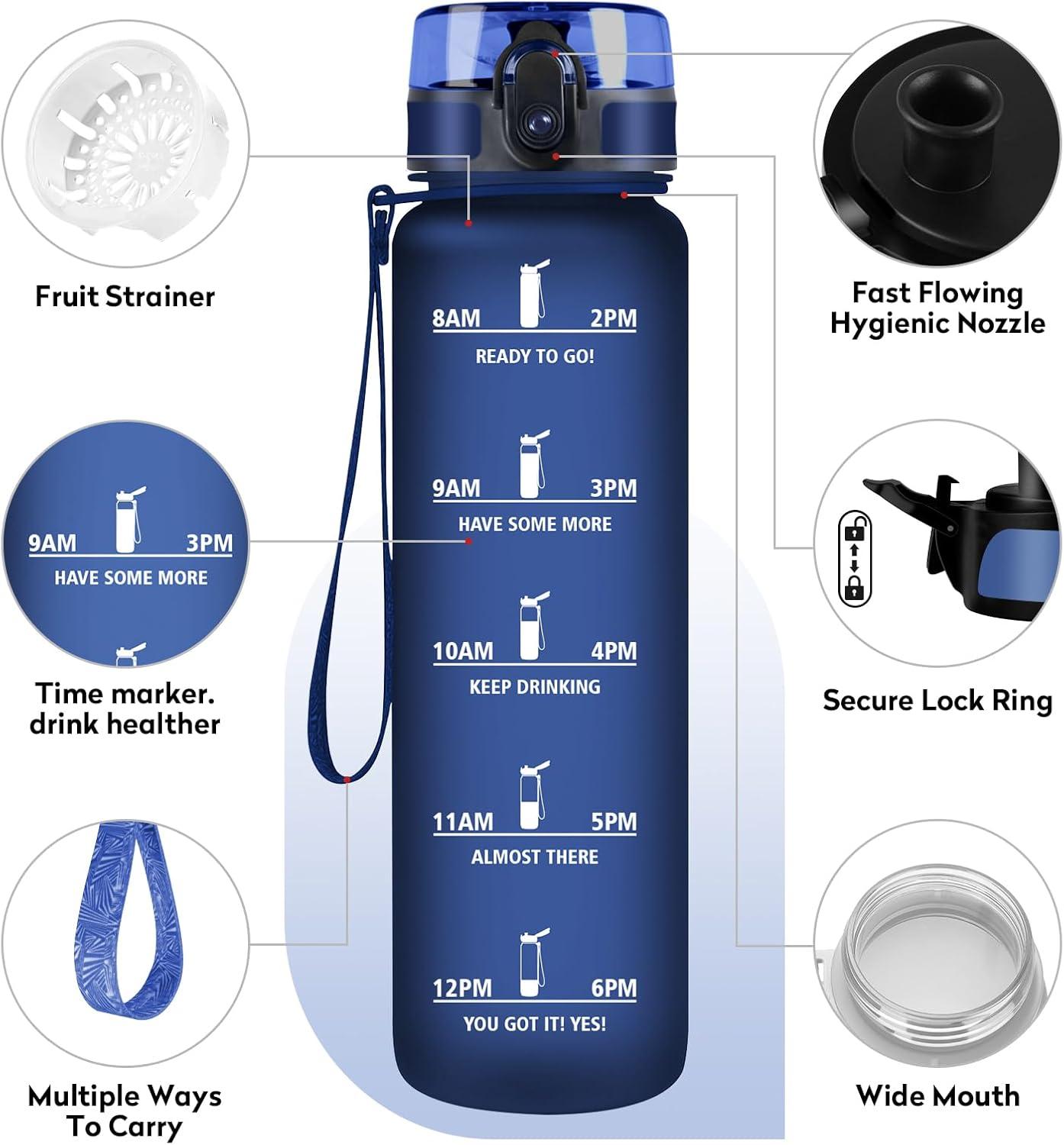image:imageGourde Sport 1L tanche et Rutilisable Gourde Bouteille deau 1 Litre avec Marqueur de Temps et Filtre Bouteille pour Adulte lcole Cyclisme Voyage Camping Fitness Yoga Bureau Gym32oz1000ml Mat Marine Bleu