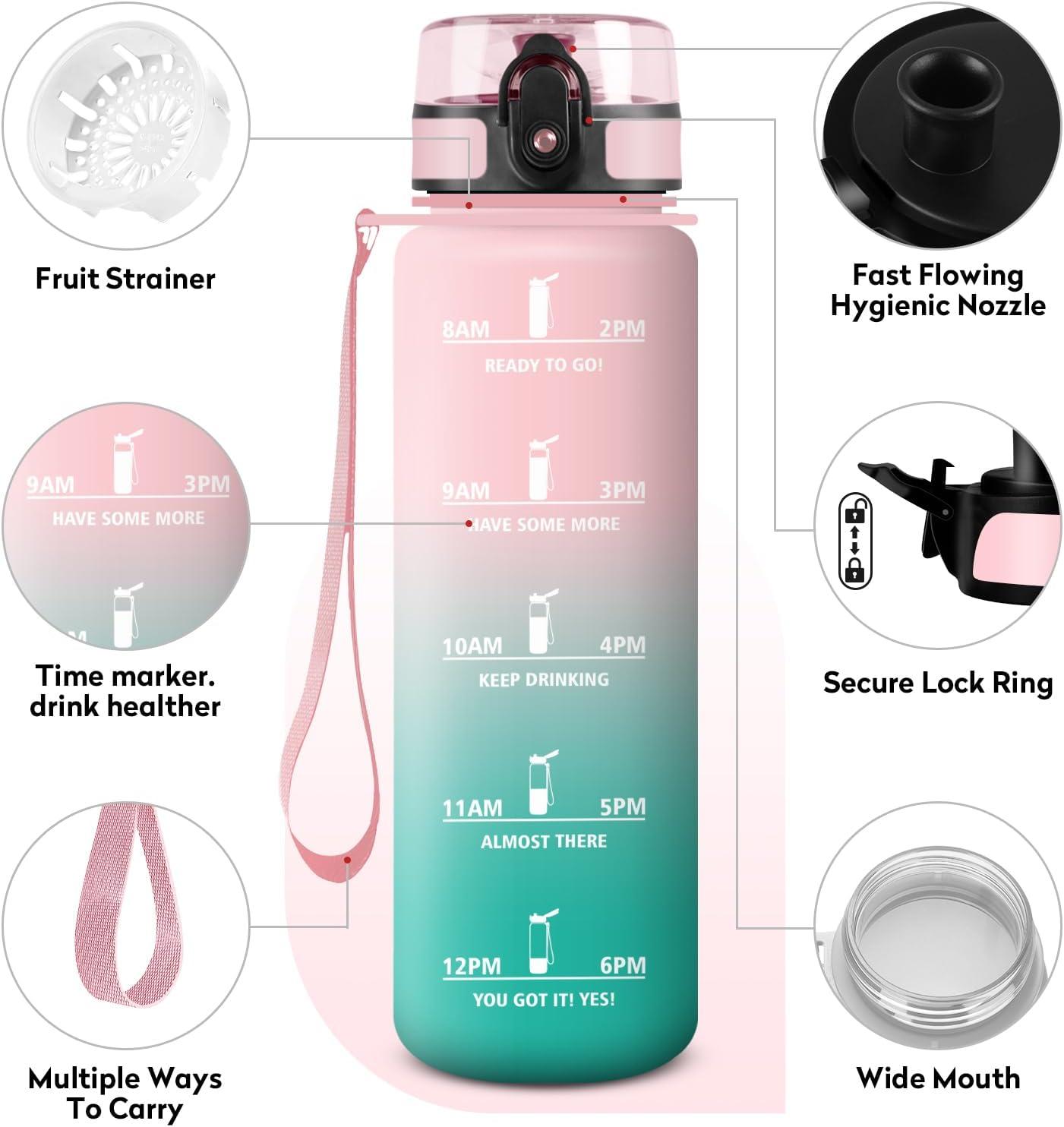 image:imageGourde Sport 1L tanche et Rutilisable Gourde Bouteille deau 1 Litre avec Marqueur de Temps et Filtre Bouteille pour Adulte lcole Cyclisme Voyage Camping Fitness Yoga Bureau Gym32oz1000ml Rose Cyan