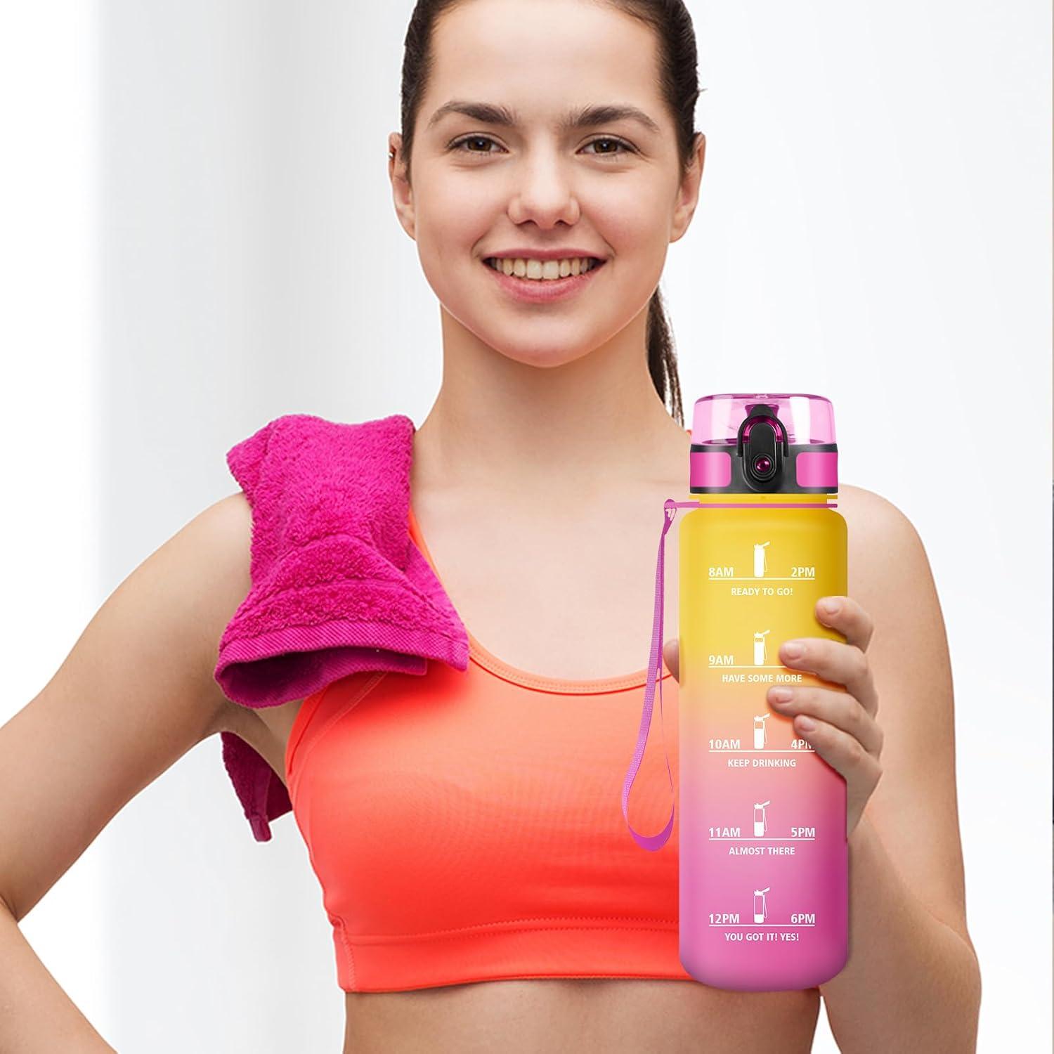 image:imageGourde Sport 1L tanche et Rutilisable Gourde Bouteille deau 1 Litre avec Marqueur de Temps et Filtre Bouteille pour Adulte lcole Cyclisme Voyage Camping Fitness Yoga Bureau Gym32oz1000ml Jaune Rose