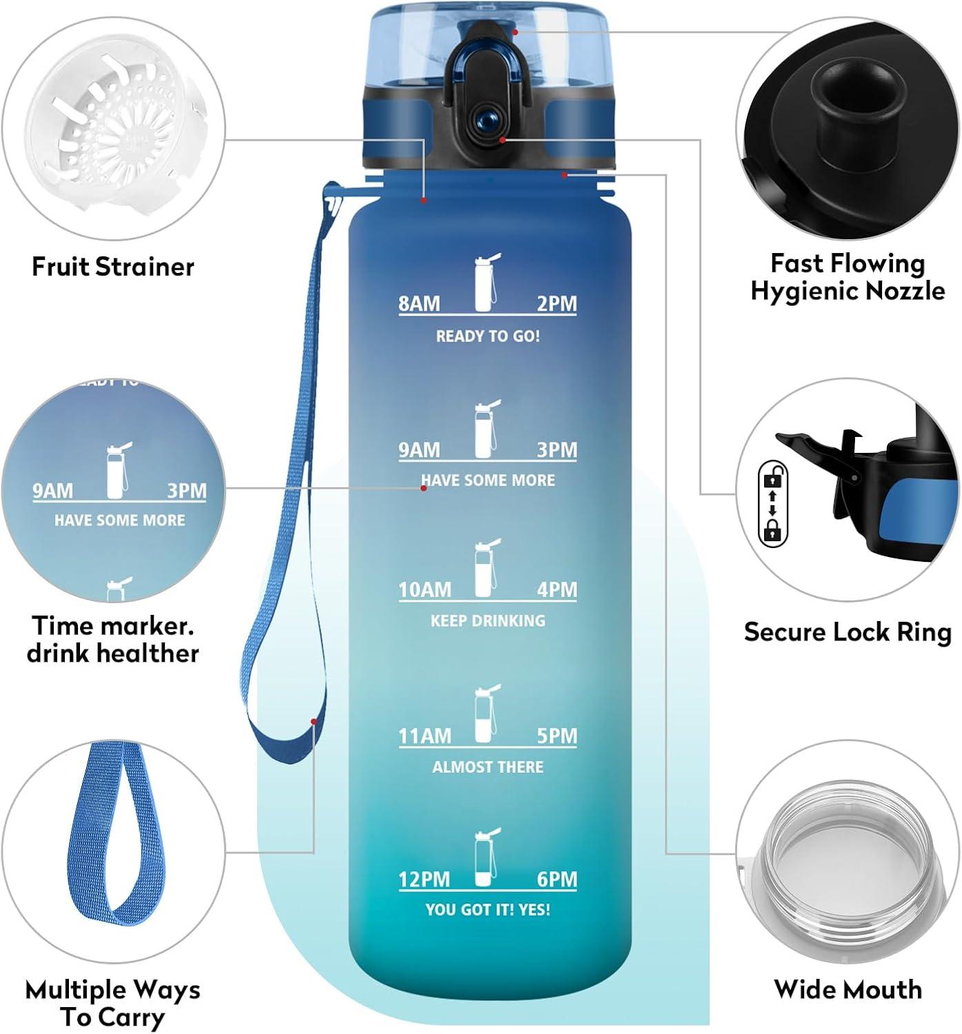 image:imageGourde Sport 1L tanche et Rutilisable Gourde Bouteille deau 1 Litre avec Marqueur de Temps et Filtre Bouteille pour Adulte lcole Cyclisme Voyage Camping Fitness Yoga Bureau Gym32oz1000ml Bleu Vert