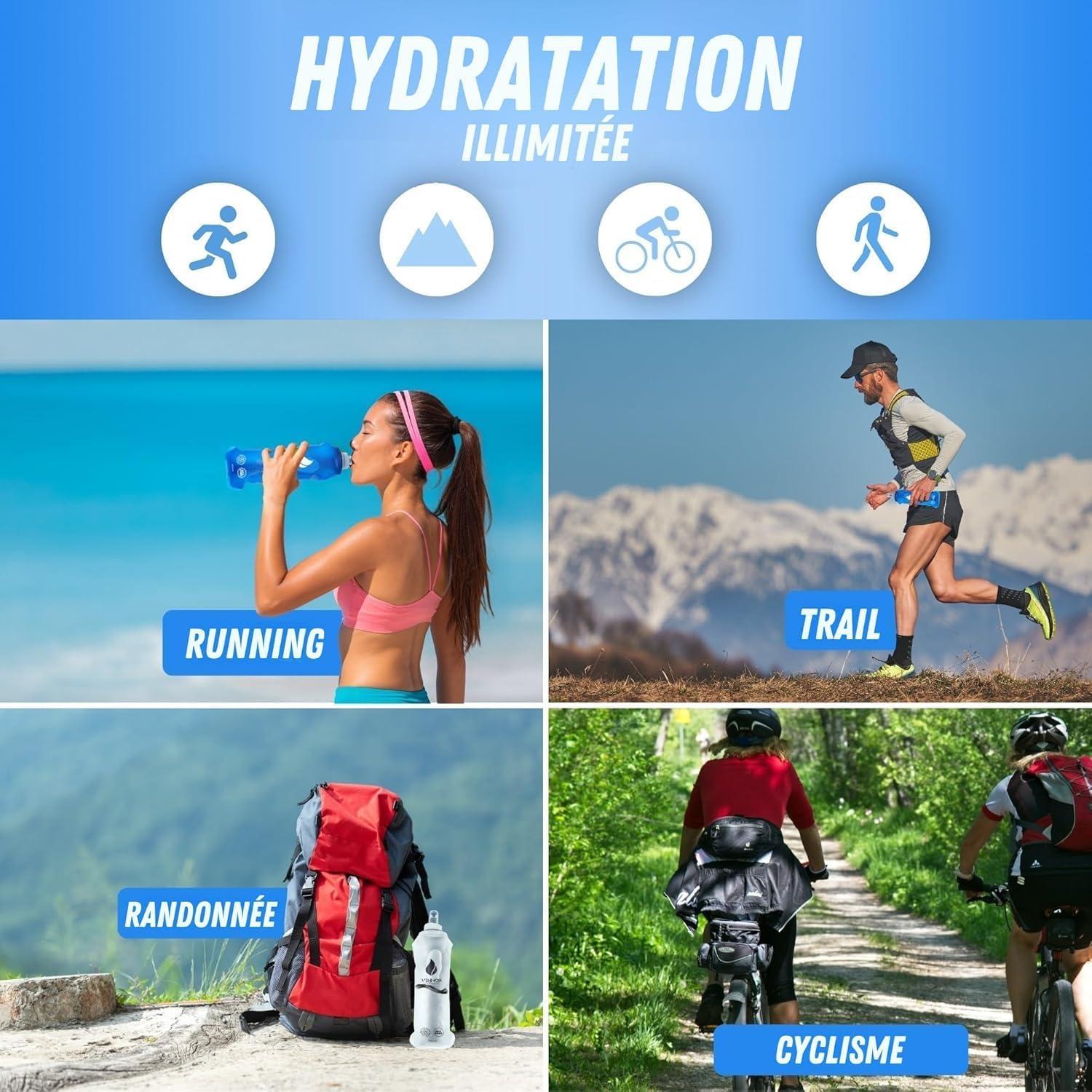 image:imageGourde sans BPA pour la course gourde deau de sport rutilisable trs robuste lot de 4 2 x 500 ml avec sangle dorsale et 2 x 250 ml