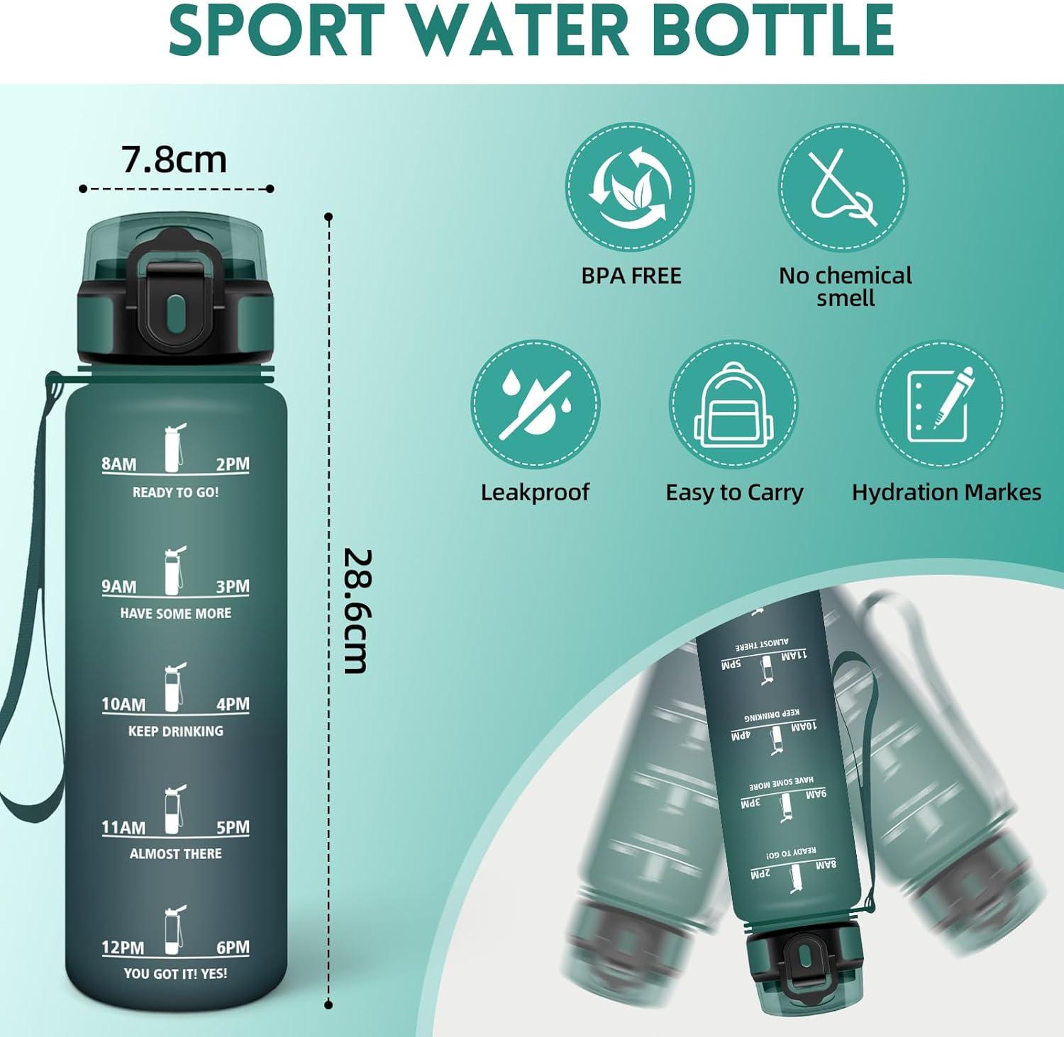 image:imageHoneyHolly Gourde 1L Rutilisable Water Bottle Sport Marqueur Horaire Bouteille tanche Portable Gourde Gradue pour Salle de Sport Vlo Bureau Extrieur cole Bouteille Eau Water BottleVert Gris 1000ml