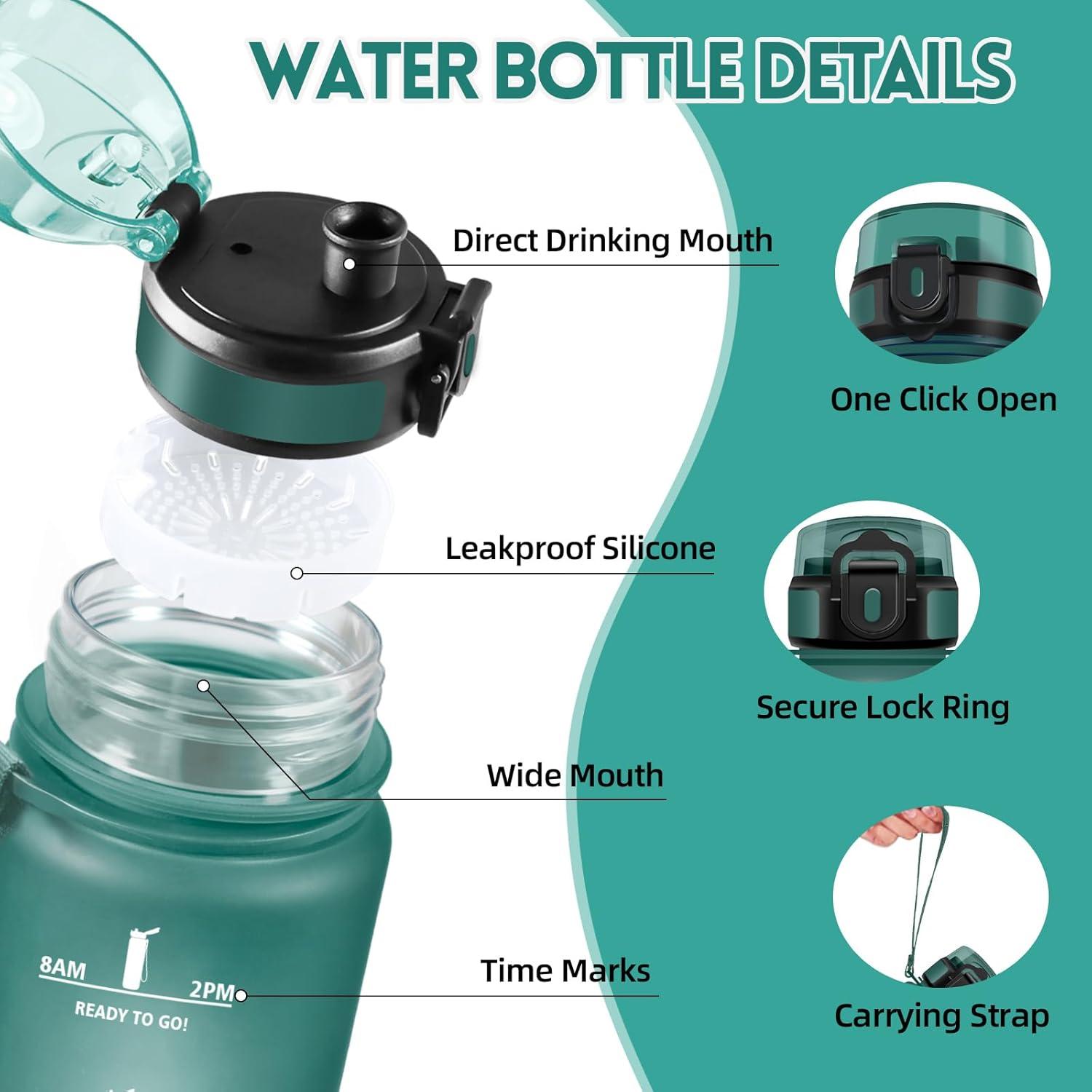 image:imageHoneyHolly Gourde 1L Rutilisable Water Bottle Sport Marqueur Horaire Bouteille tanche Portable Gourde Gradue pour Salle de Sport Vlo Bureau Extrieur cole Bouteille Eau Water BottleVert Gris 1000ml