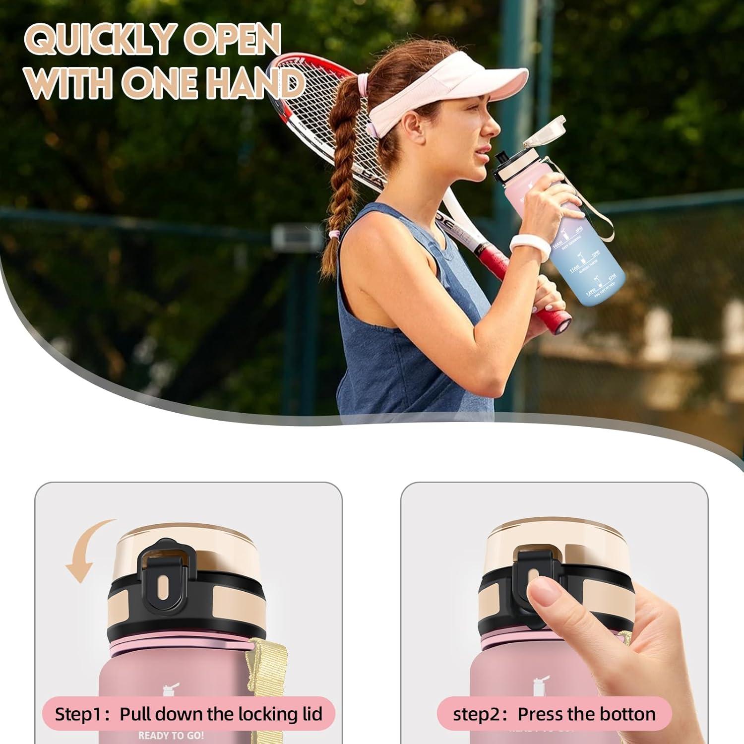 image:imageHoneyHolly Gourde 1L Rutilisable Water Bottle Sport Marqueur Horaire Bouteille tanche Portable Gourde Gradue pour Salle de Sport Vlo Bureau Extrieur cole Bouteille Eau Water BottleRose Ciel 1000ml