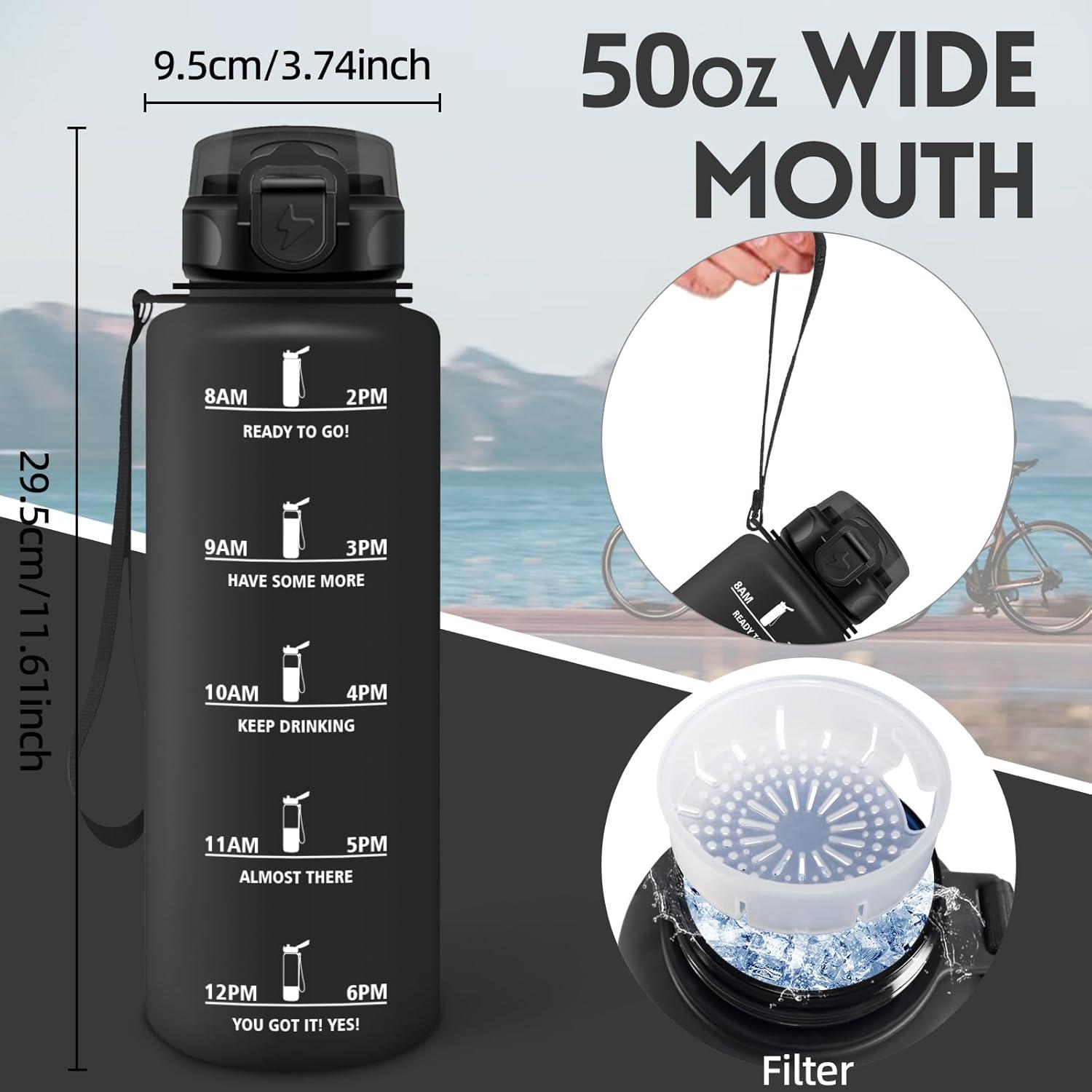 image:imageHoneyHolly Gourde 1L Rutilisable Water Bottle Sport Marqueur Horaire Bouteille tanche Portable Gourde Gradue pour Salle de Sport Vlo Bureau Extrieur cole Bouteille Eau Water BottleNoir 1500ml