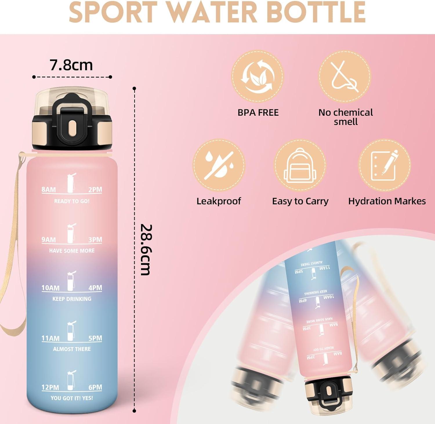 image:imageHoneyHolly Gourde 1L Rutilisable Water Bottle Sport Marqueur Horaire Bouteille tanche Portable Gourde Gradue pour Salle de Sport Vlo Bureau Extrieur cole Bouteille Eau Water BottleRose Ciel 1000ml