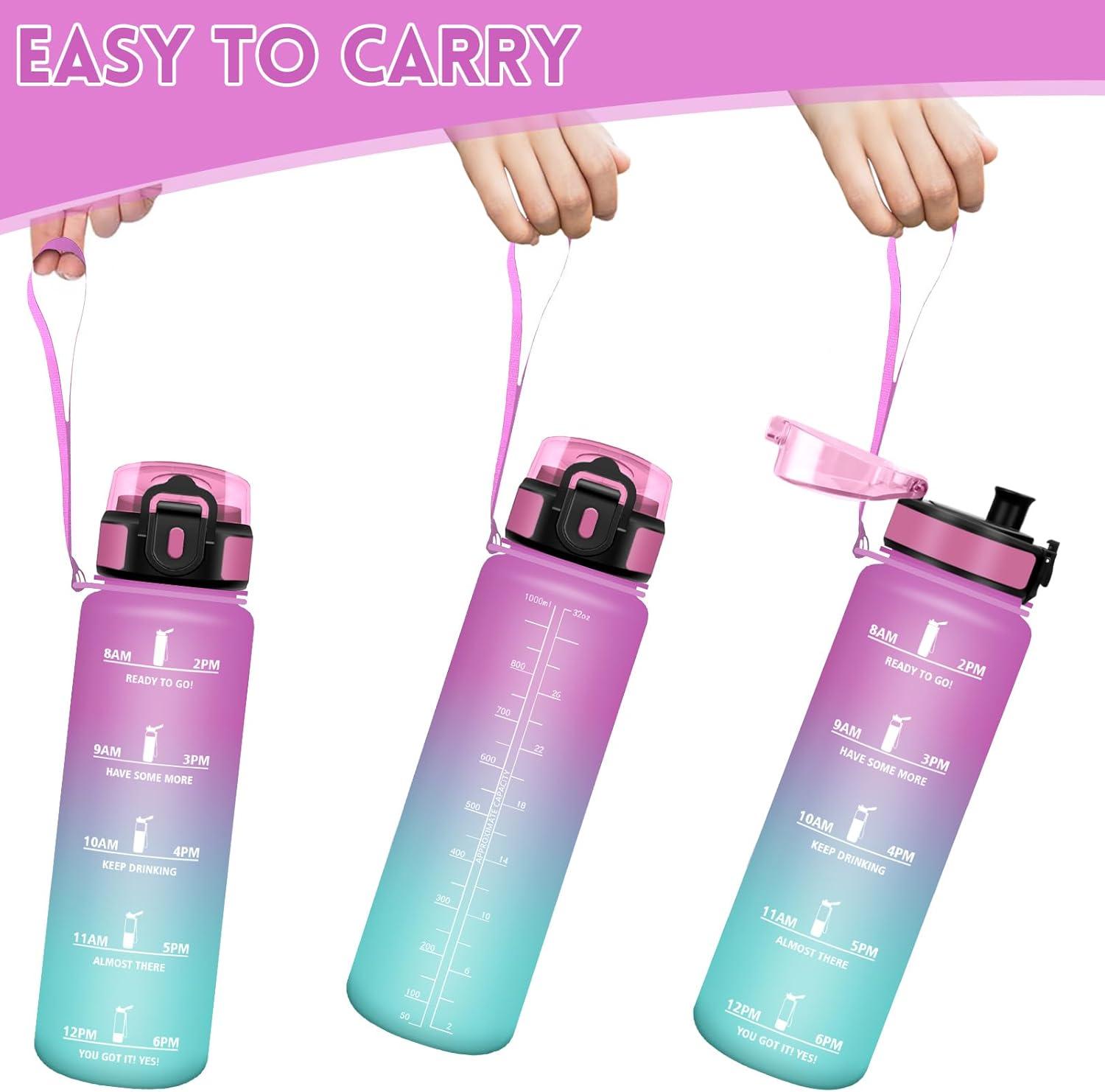 image:imageHoneyHolly Gourde 1L Rutilisable Water Bottle Sport Marqueur Horaire Bouteille tanche Portable Gourde Gradue pour Salle de Sport Vlo Bureau Extrieur cole Bouteille Eau Water BottleRose Cyan 1000ml