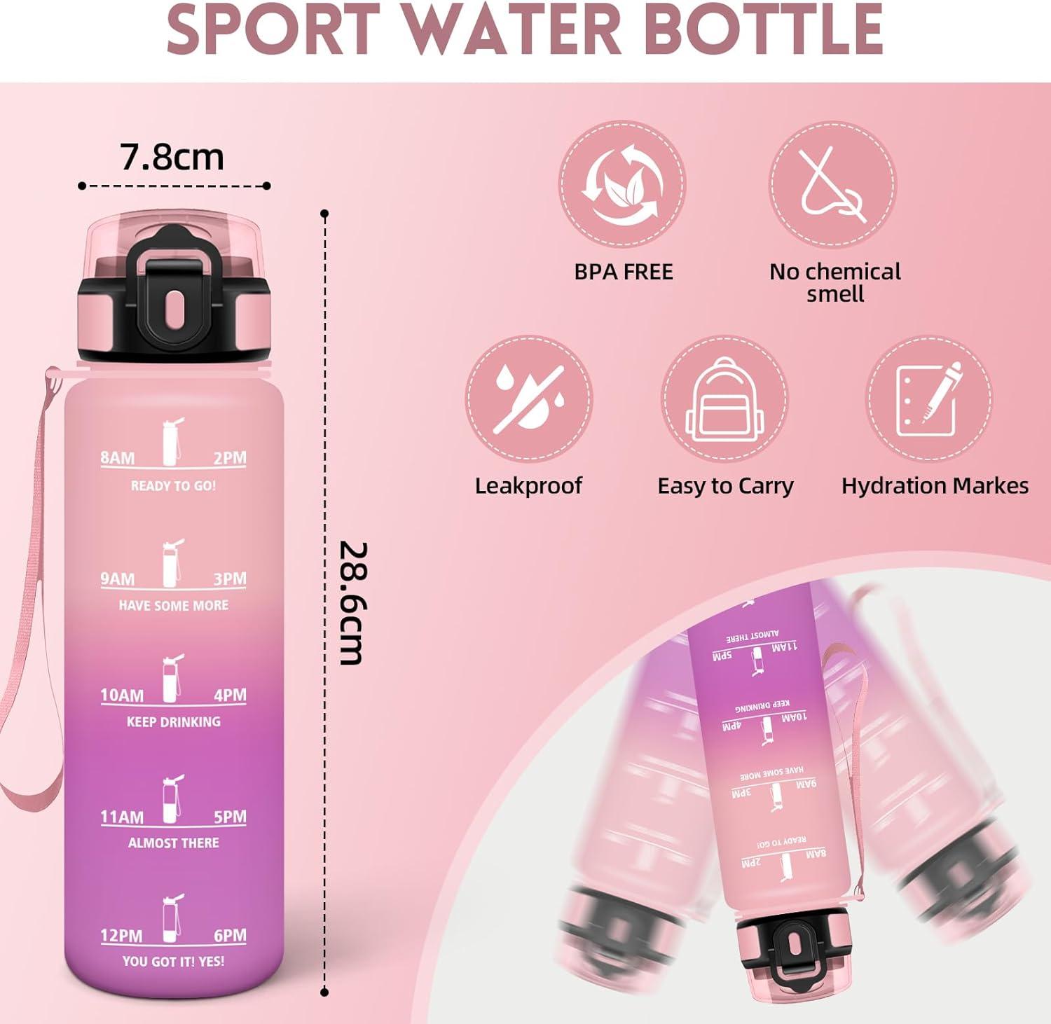 image:imageHoneyHolly Gourde 1L Rutilisable Water Bottle Sport Marqueur Horaire Bouteille tanche Portable Gourde Gradue pour Salle de Sport Vlo Bureau Extrieur cole Bouteille Eau Water BottleRose Rose 1000ml
