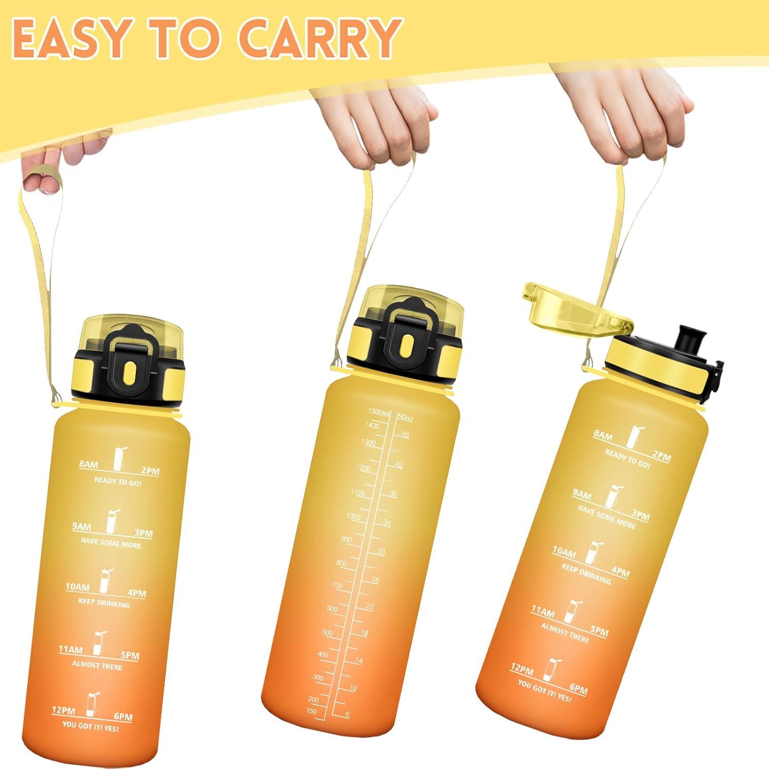 image:imageHoneyHolly Gourde 1L Rutilisable Water Bottle Sport Marqueur Horaire Bouteille tanche Portable Gourde Gradue pour Salle de Sport Vlo Bureau Extrieur cole Bouteille Eau Water BottleAmbre Orange 1500ml