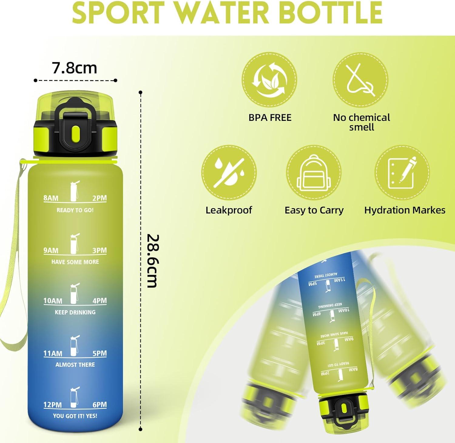 image:imageHoneyHolly Gourde 1L Rutilisable Water Bottle Sport Marqueur Horaire Bouteille tanche Portable Gourde Gradue pour Salle de Sport Vlo Bureau Extrieur cole Bouteille Eau Water BottleJaune Bleu 1000ml