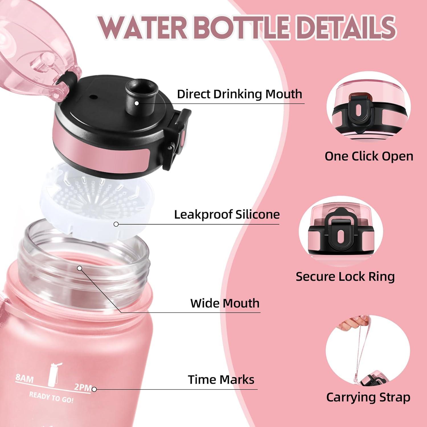 image:imageHoneyHolly Gourde 1L Rutilisable Water Bottle Sport Marqueur Horaire Bouteille tanche Portable Gourde Gradue pour Salle de Sport Vlo Bureau Extrieur cole Bouteille Eau Water BottleRose Rose 1000ml