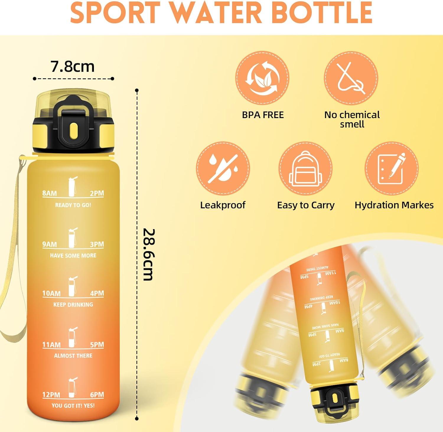 image:imageHoneyHolly Gourde 1L Rutilisable Water Bottle Sport Marqueur Horaire Bouteille tanche Portable Gourde Gradue pour Salle de Sport Vlo Bureau Extrieur cole Bouteille Eau Water BottleAmbre Orange 1000ml