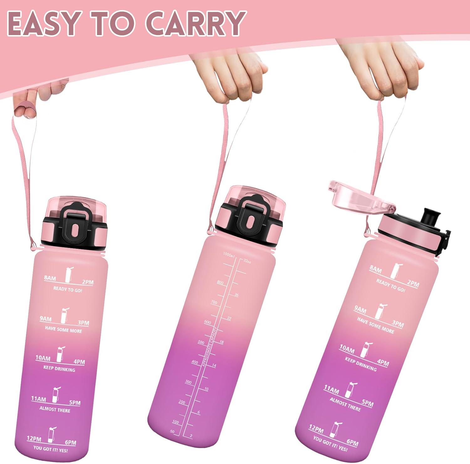 image:imageHoneyHolly Gourde 1L Rutilisable Water Bottle Sport Marqueur Horaire Bouteille tanche Portable Gourde Gradue pour Salle de Sport Vlo Bureau Extrieur cole Bouteille Eau Water BottleRose Rose 1000ml