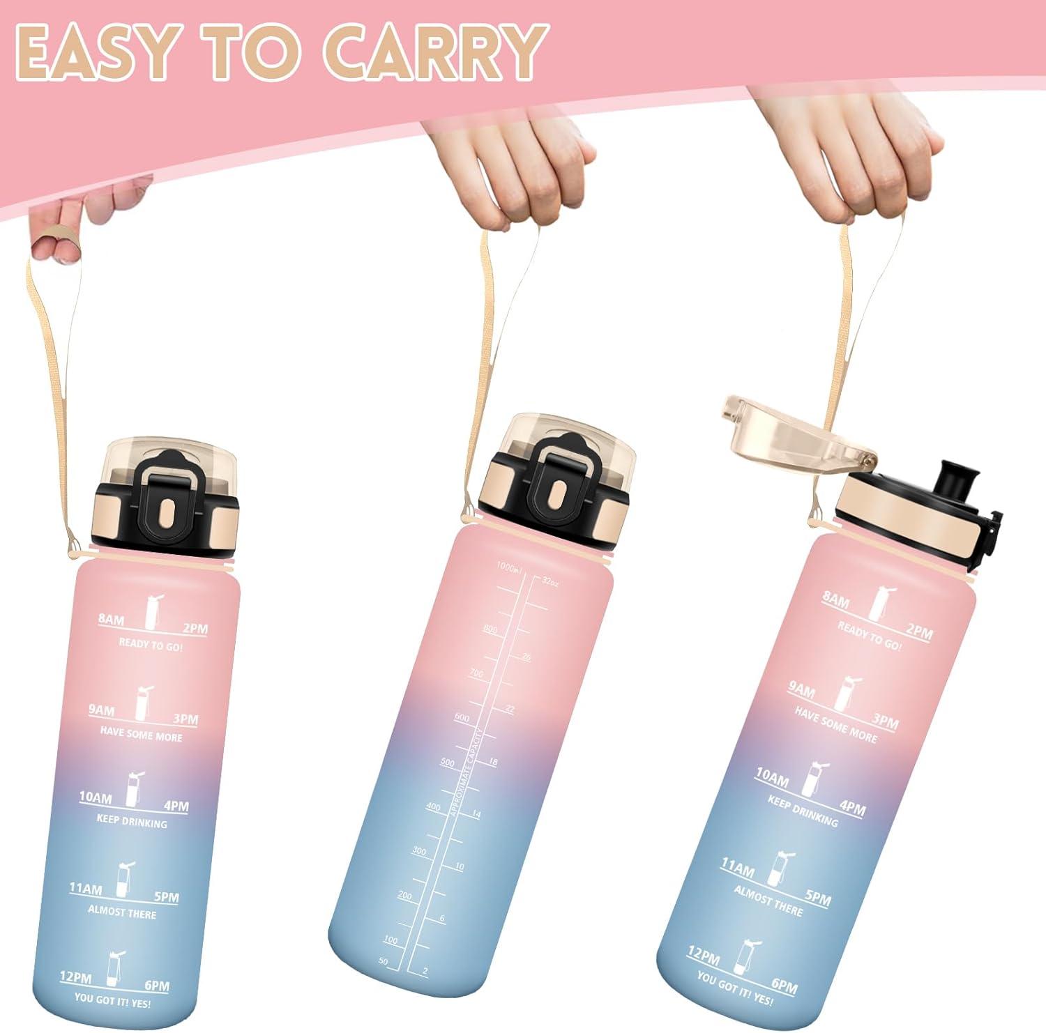 image:imageHoneyHolly Gourde 1L Rutilisable Water Bottle Sport Marqueur Horaire Bouteille tanche Portable Gourde Gradue pour Salle de Sport Vlo Bureau Extrieur cole Bouteille Eau Water BottleRose Ciel 1000ml