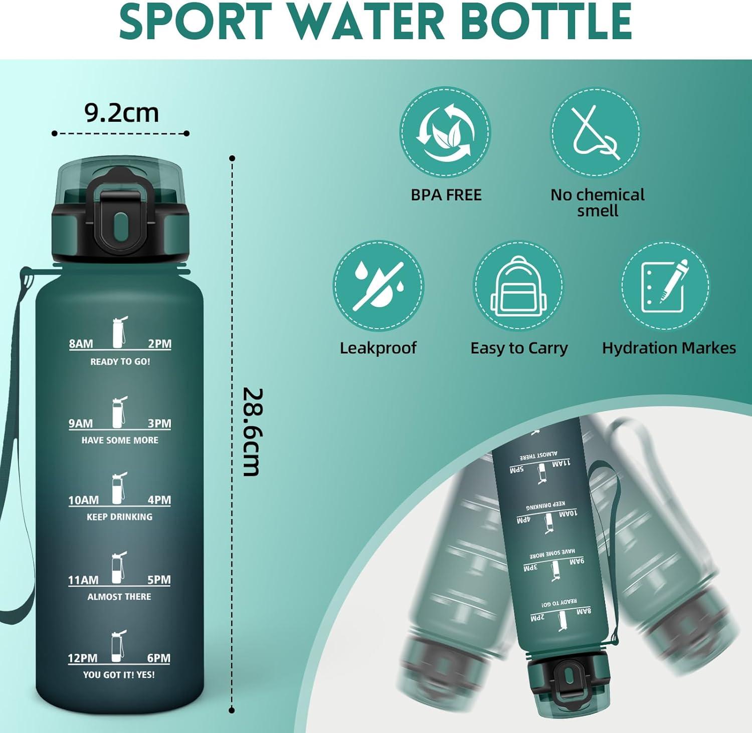 image:imageHoneyHolly Gourde 1L Rutilisable Water Bottle Sport Marqueur Horaire Bouteille tanche Portable Gourde Gradue pour Salle de Sport Vlo Bureau Extrieur cole Bouteille Eau Water BottleVert Gris 1500ml