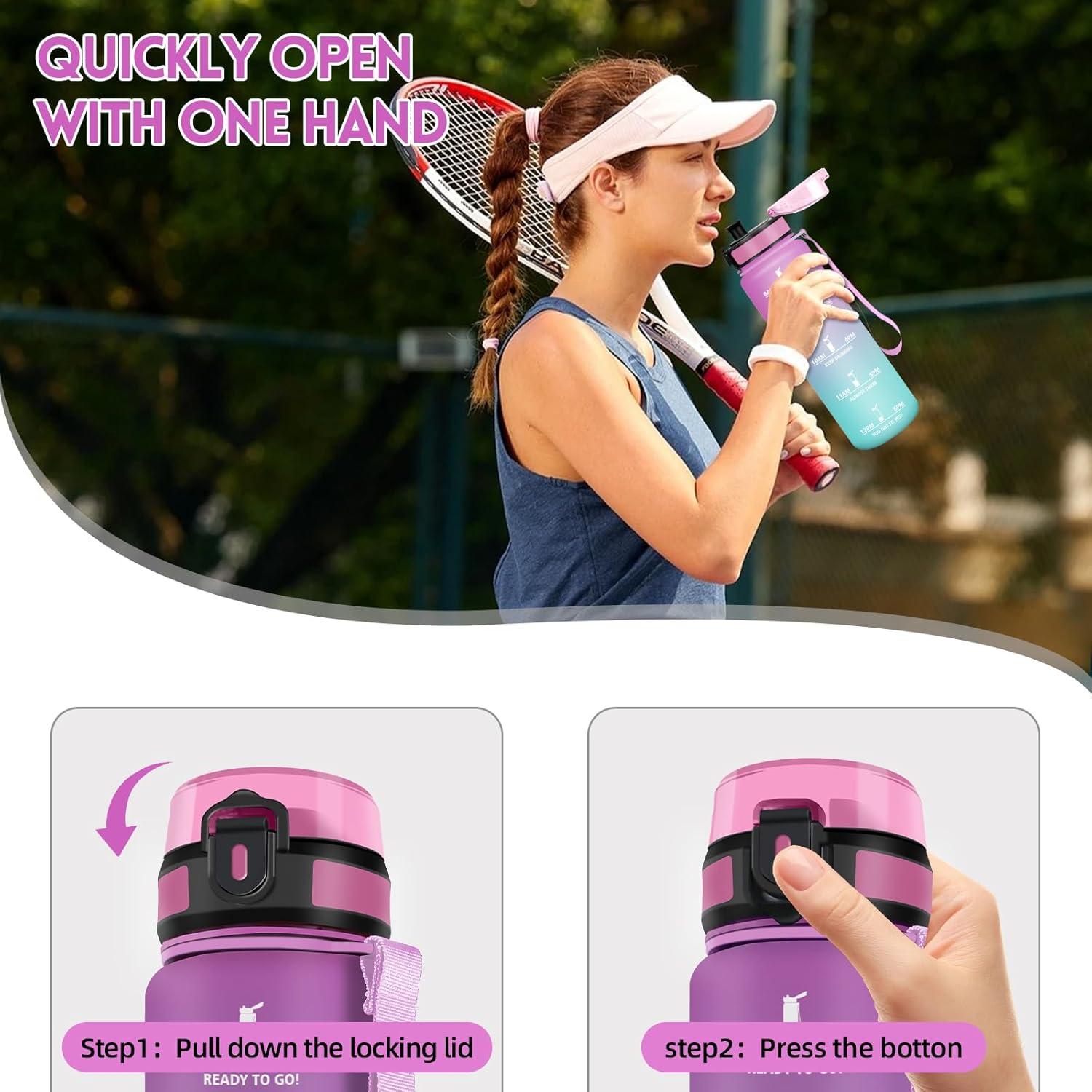 image:imageHoneyHolly Gourde 1L Rutilisable Water Bottle Sport Marqueur Horaire Bouteille tanche Portable Gourde Gradue pour Salle de Sport Vlo Bureau Extrieur cole Bouteille Eau Water BottleRose Cyan 1000ml