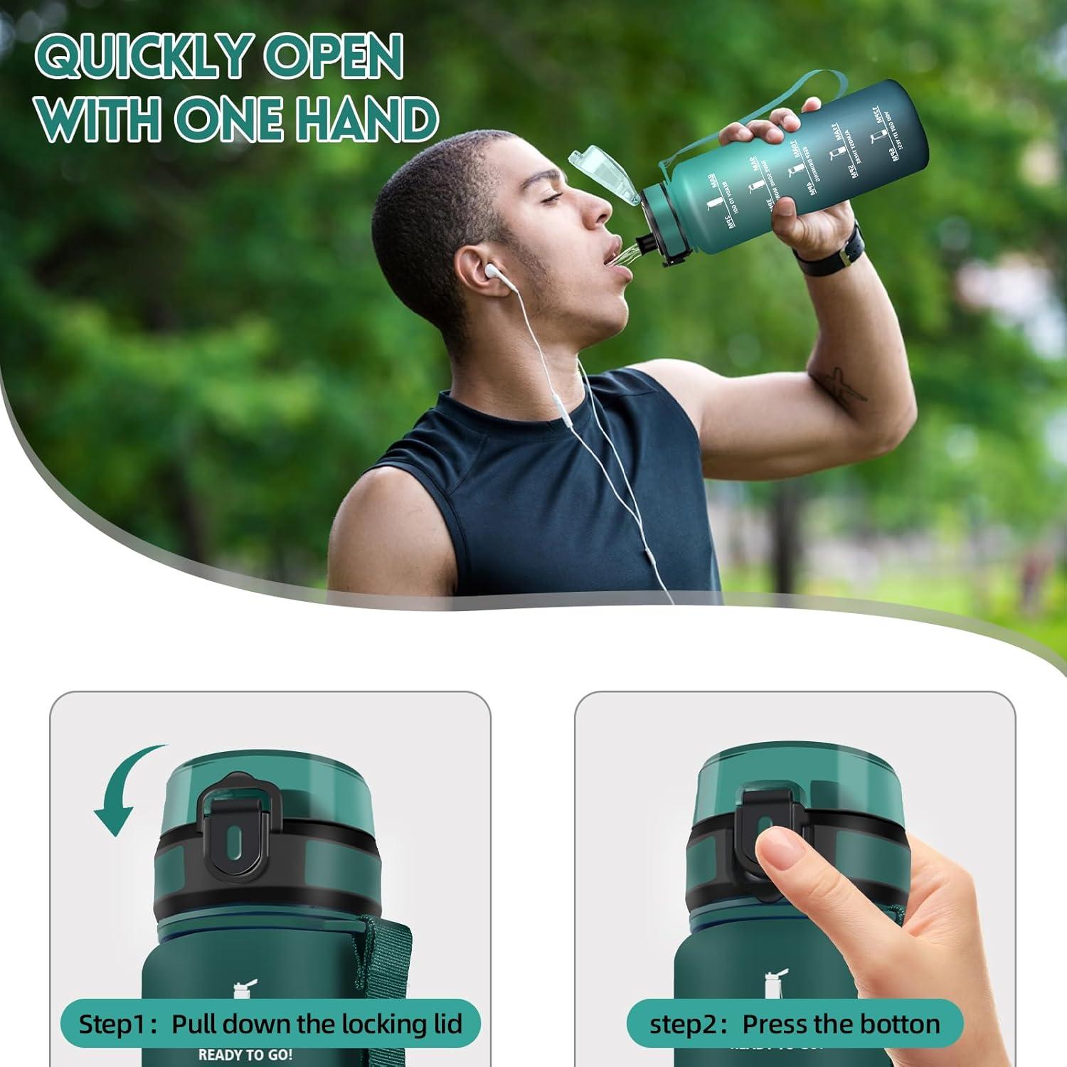 image:imageHoneyHolly Gourde 1L Rutilisable Water Bottle Sport Marqueur Horaire Bouteille tanche Portable Gourde Gradue pour Salle de Sport Vlo Bureau Extrieur cole Bouteille Eau Water BottleVert Gris 1500ml