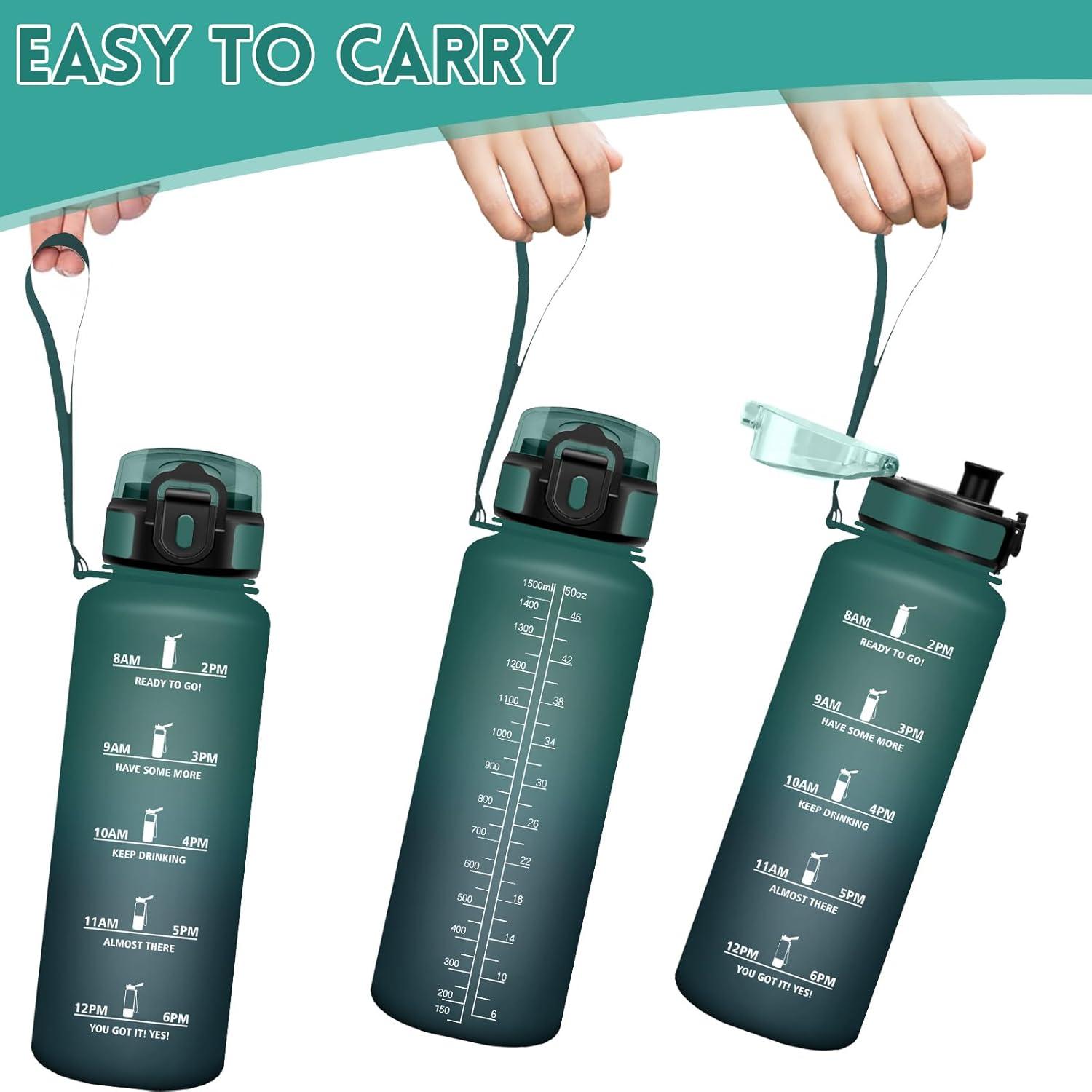 image:imageHoneyHolly Gourde 1L Rutilisable Water Bottle Sport Marqueur Horaire Bouteille tanche Portable Gourde Gradue pour Salle de Sport Vlo Bureau Extrieur cole Bouteille Eau Water BottleVert Gris 1500ml