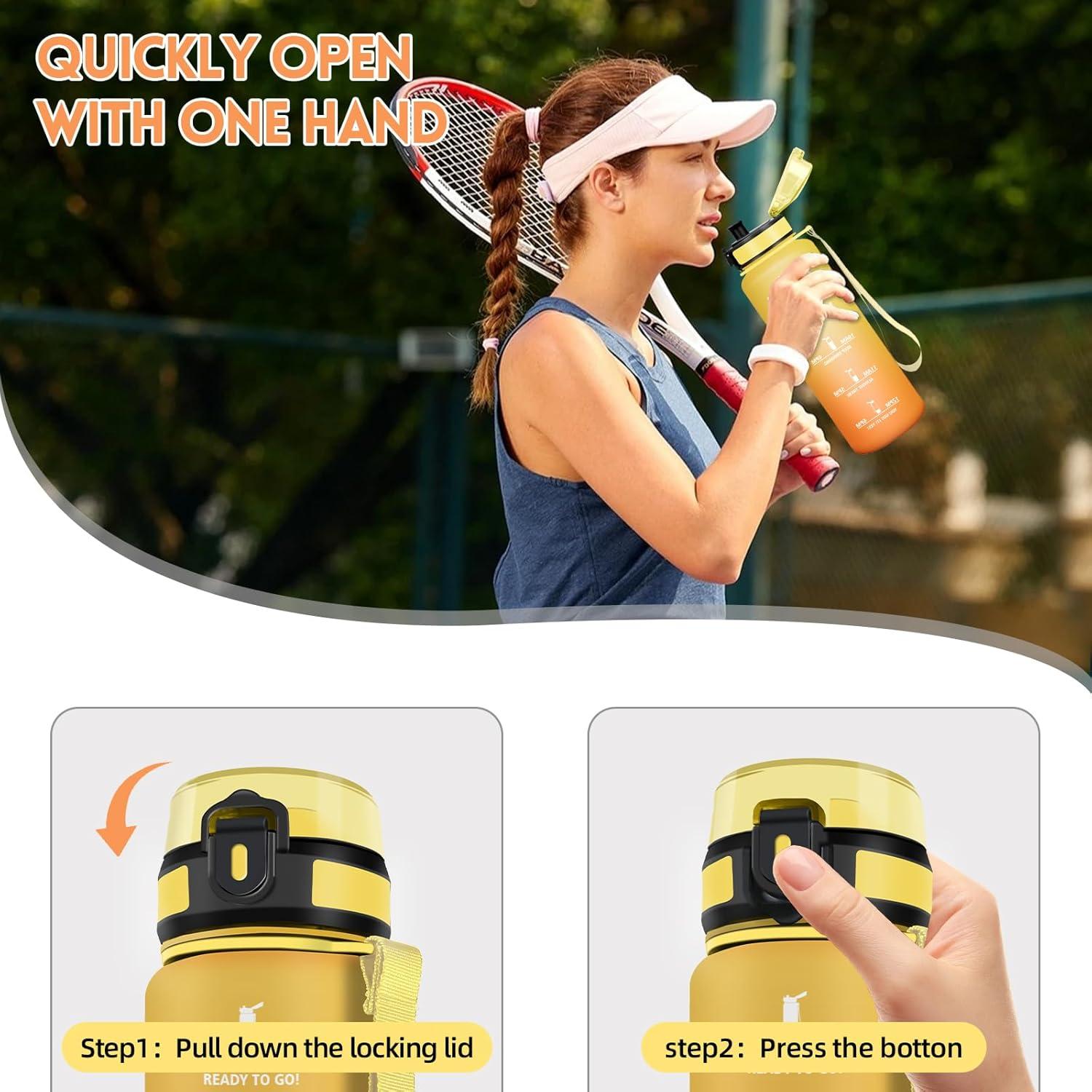 image:imageHoneyHolly Gourde 1L Rutilisable Water Bottle Sport Marqueur Horaire Bouteille tanche Portable Gourde Gradue pour Salle de Sport Vlo Bureau Extrieur cole Bouteille Eau Water BottleAmbre Orange 1500ml