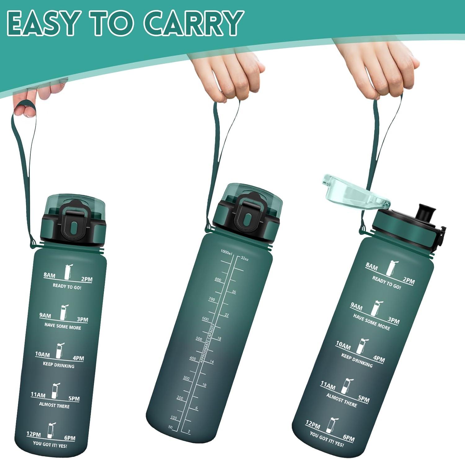 image:imageHoneyHolly Gourde 1L Rutilisable Water Bottle Sport Marqueur Horaire Bouteille tanche Portable Gourde Gradue pour Salle de Sport Vlo Bureau Extrieur cole Bouteille Eau Water BottleVert Gris 1000ml
