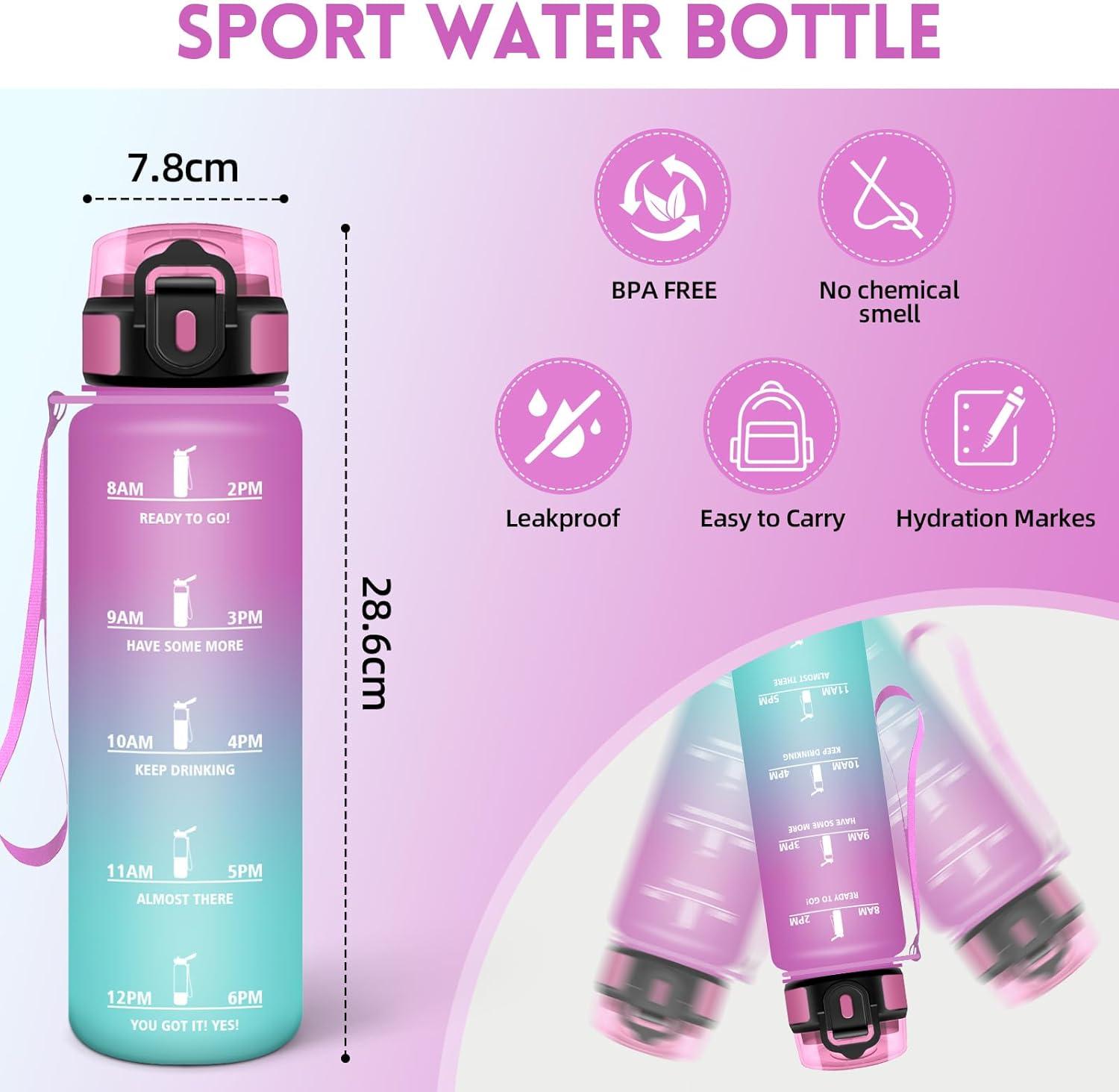 image:imageHoneyHolly Gourde 1L Rutilisable Water Bottle Sport Marqueur Horaire Bouteille tanche Portable Gourde Gradue pour Salle de Sport Vlo Bureau Extrieur cole Bouteille Eau Water BottleRose Cyan 1000ml