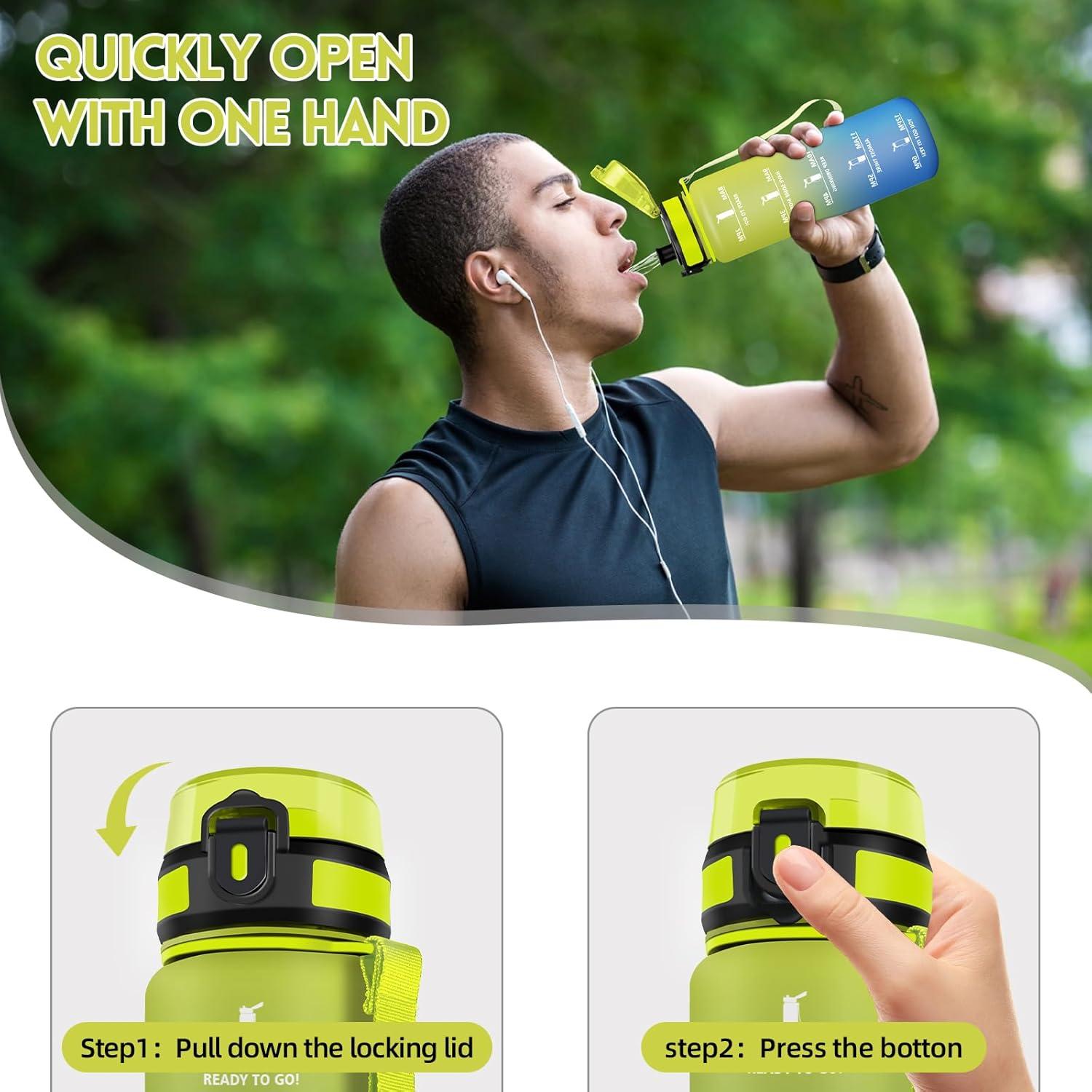 image:imageHoneyHolly Gourde 1L Rutilisable Water Bottle Sport Marqueur Horaire Bouteille tanche Portable Gourde Gradue pour Salle de Sport Vlo Bureau Extrieur cole Bouteille Eau Water BottleJaune Bleu 1000ml