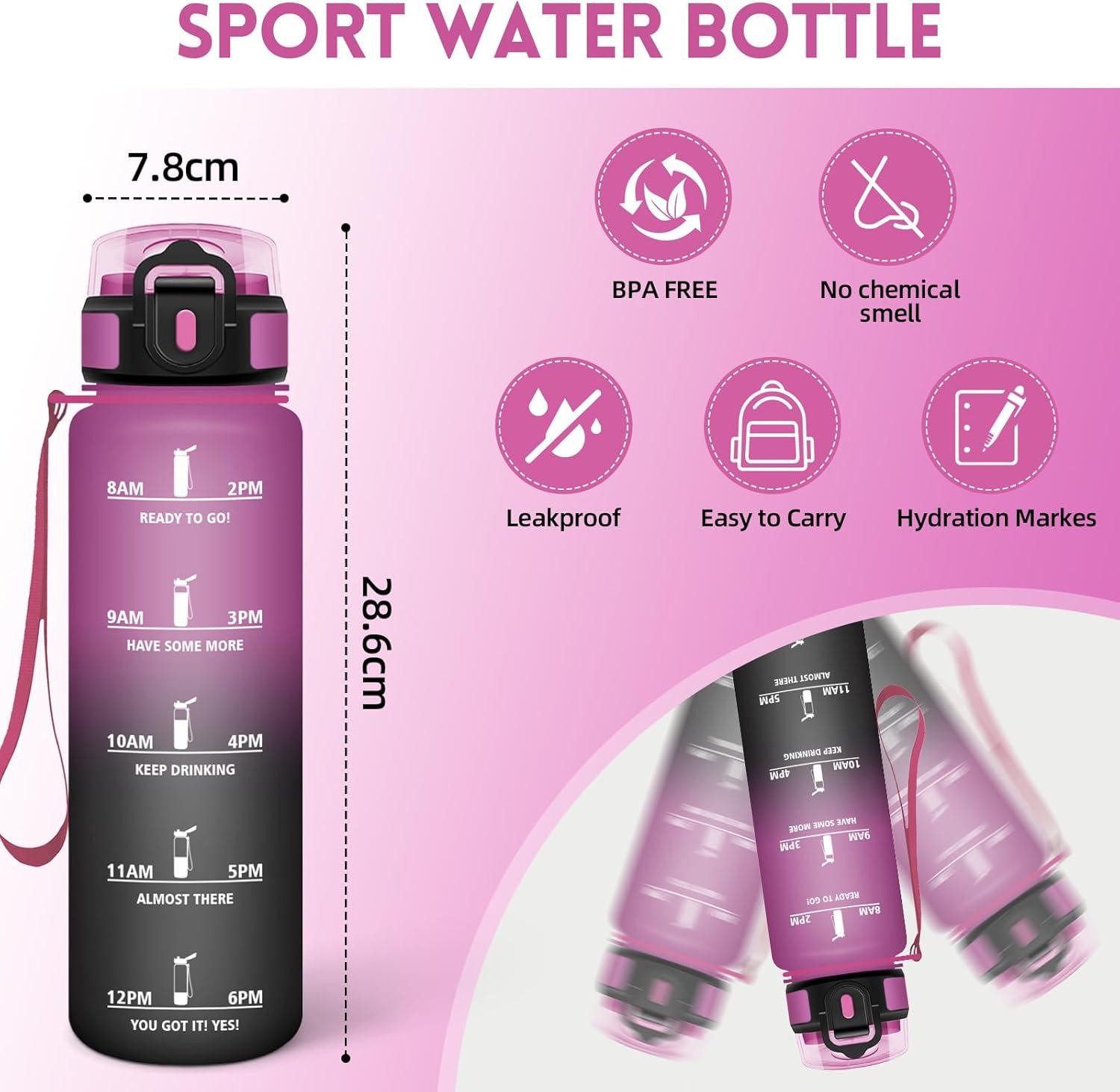 image:imageHoneyHolly Gourde 1L Rutilisable Water Bottle Sport Marqueur Horaire Bouteille tanche Portable Gourde Gradue pour Salle de Sport Vlo Bureau Extrieur cole Bouteille Eau Water BottleViolet Noir 1000ml