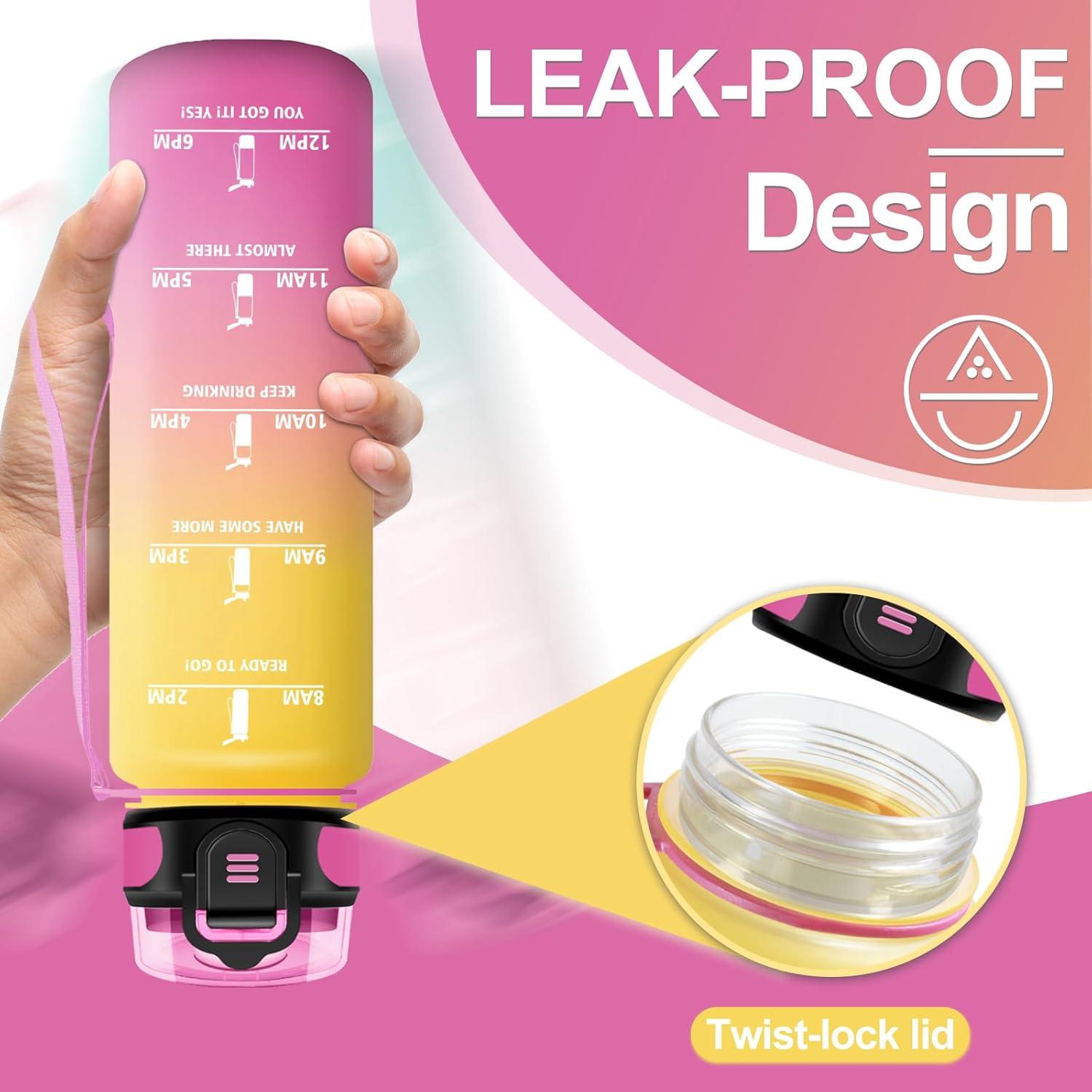 image:imageKollyKolla Bouteille 1L Gourde Sport avec Paille Gourde Grande Marqueur de Temps Reutilisable Bouteille deau tanche pour Running Fitness Yoga Bureau Gym32oz1000ml Paille Jaune Rose
