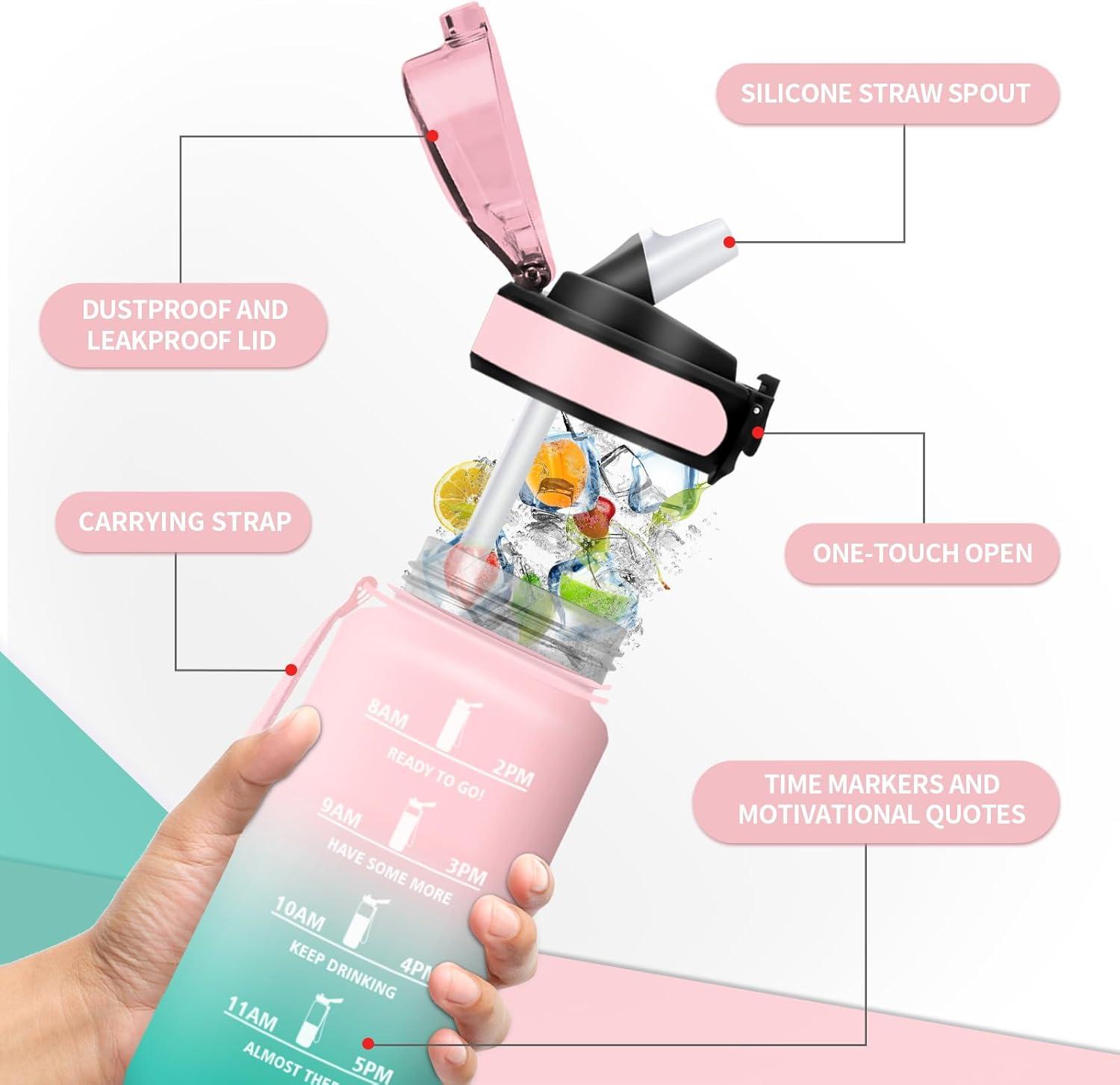 image:imageKollyKolla Bouteille 1L Gourde Sport avec Paille Gourde Grande Marqueur de Temps Reutilisable Bouteille deau tanche pour Running Fitness Yoga Bureau Gym17oz500ml Paille Rose Cyan