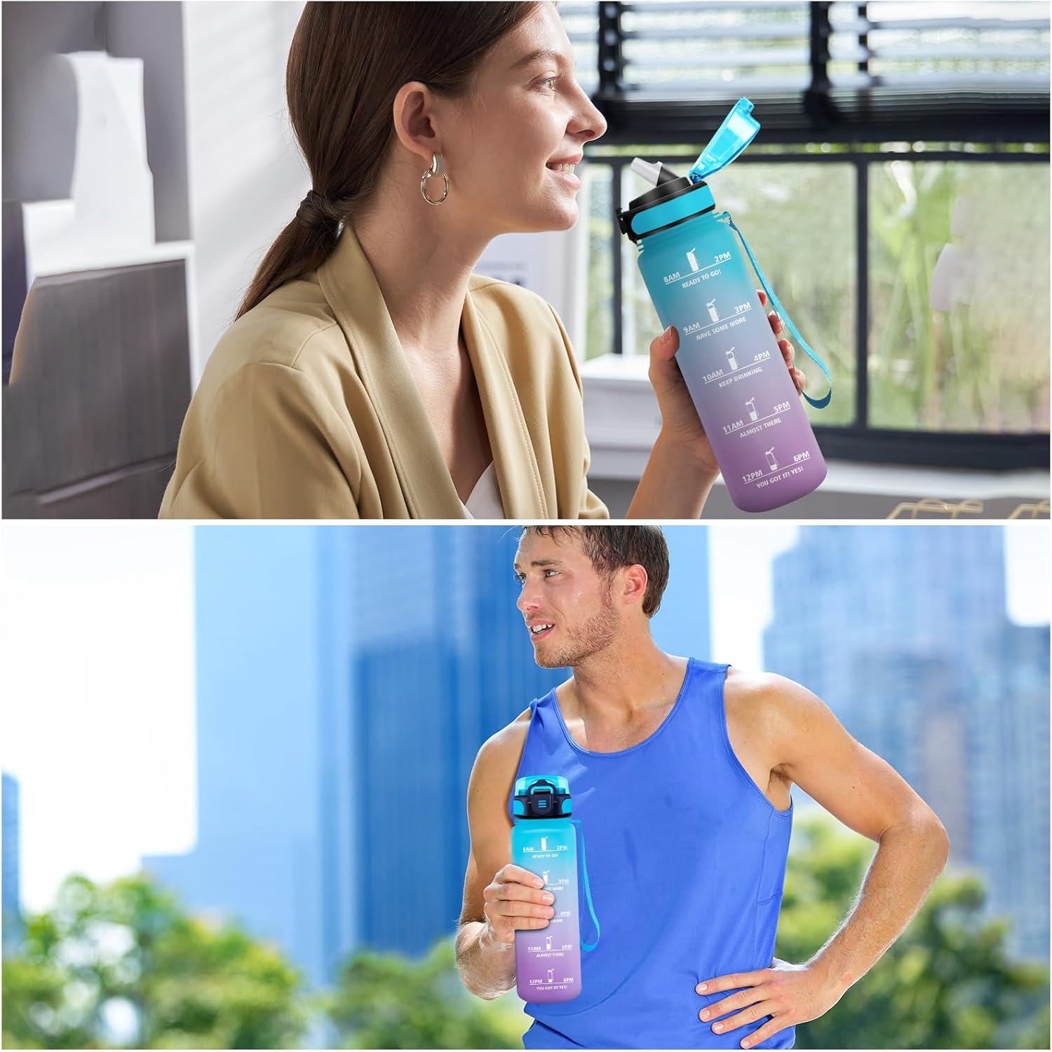 image:imageKollyKolla Bouteille 1L Gourde Sport avec Paille Gourde Grande Marqueur de Temps Reutilisable Bouteille deau tanche pour Running Fitness Yoga Bureau Gym32oz1000ml Paille Bleu Lilas