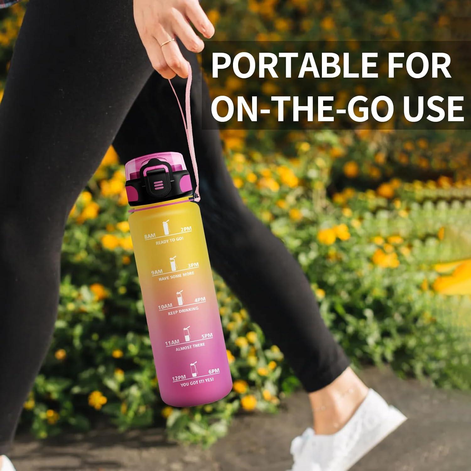 image:imageKollyKolla Bouteille 1L Gourde Sport avec Paille Gourde Grande Marqueur de Temps Reutilisable Bouteille deau tanche pour Running Fitness Yoga Bureau Gym32oz1000ml Paille Jaune Rose