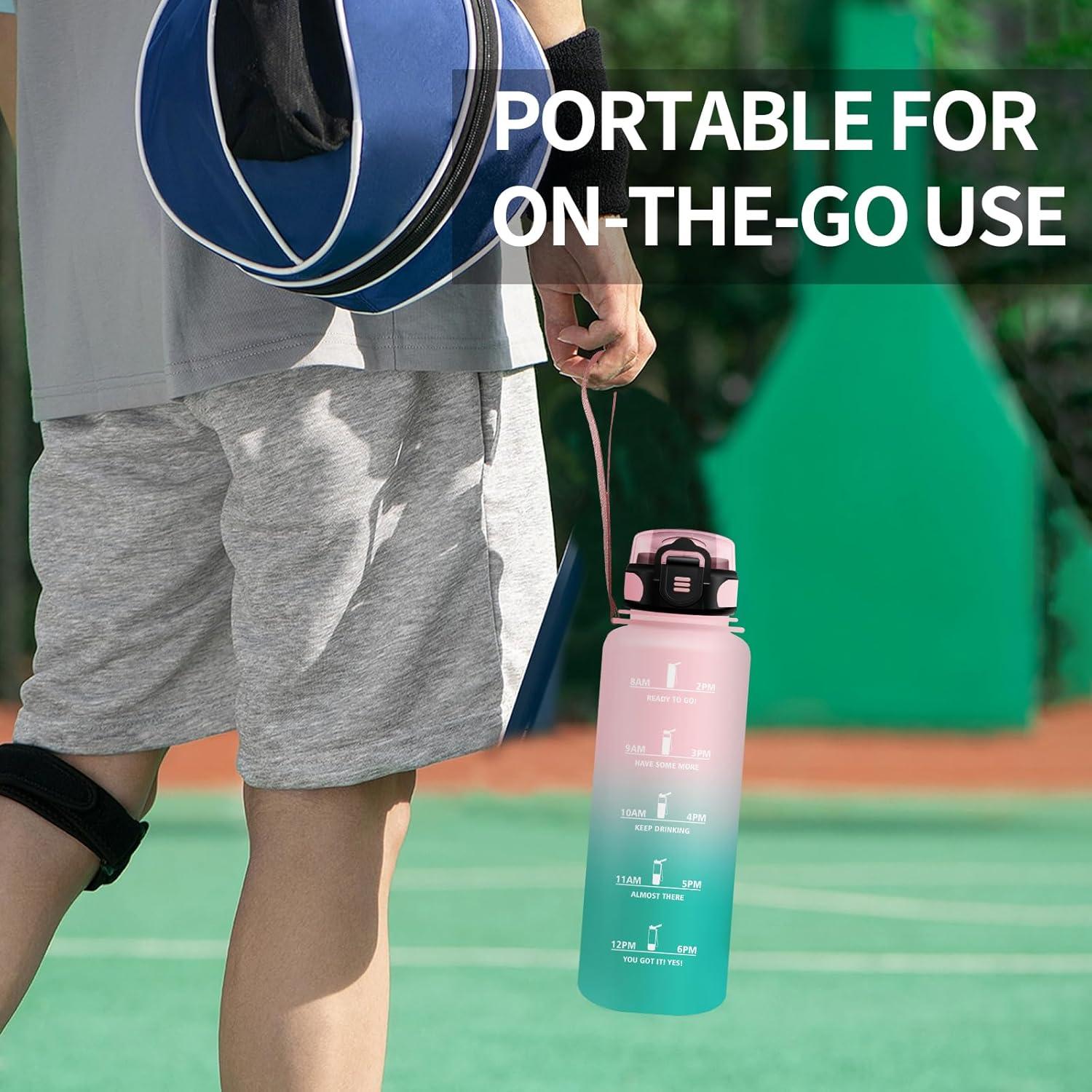 image:imageKollyKolla Bouteille 1L Gourde Sport avec Paille Gourde Grande Marqueur de Temps Reutilisable Bouteille deau tanche pour Running Fitness Yoga Bureau Gym50oz1500ml Paille Rose Cyan