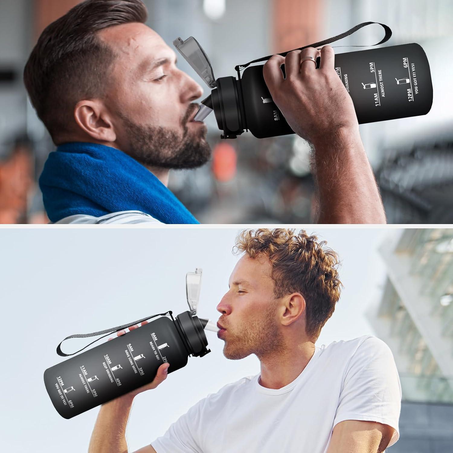image:imageKollyKolla Bouteille 1L Gourde Sport avec Paille Gourde Grande Marqueur de Temps Reutilisable Bouteille deau tanche pour Running Fitness Yoga Bureau Gym50oz1500ml Paille Mat Noir