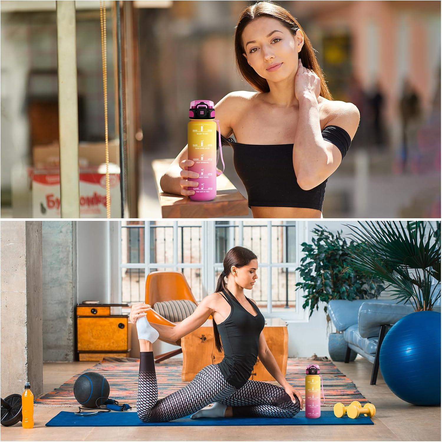 image:imageKollyKolla Bouteille 1L Gourde Sport avec Paille Gourde Grande Marqueur de Temps Reutilisable Bouteille deau tanche pour Running Fitness Yoga Bureau Gym32oz1000ml Paille Jaune Rose